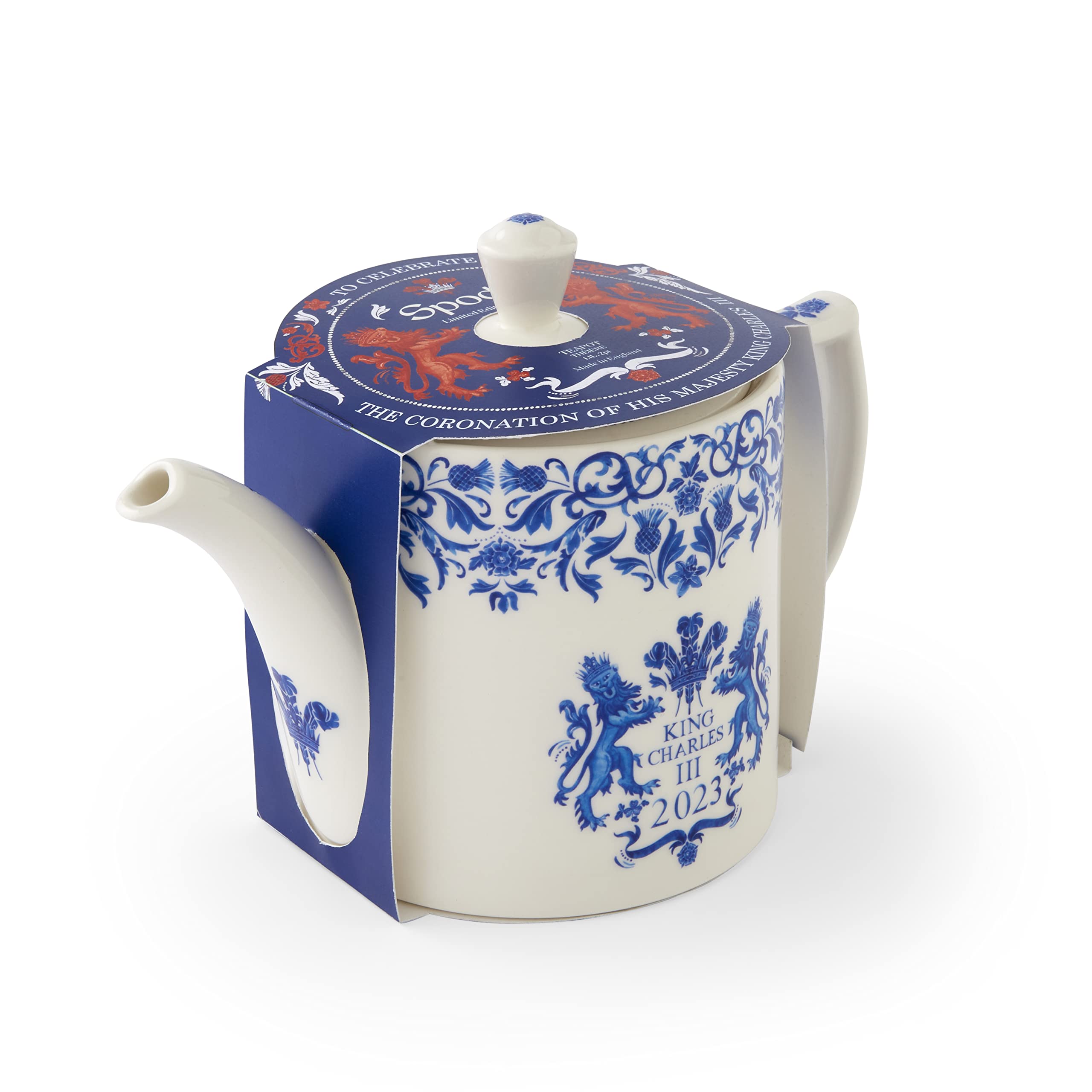 King Charles III Coronation Commemorative Teapot by Spode | Large Blooming & Loose-Leaf Ceramic Tea Pot | 32-Ounces | Dishwasher and Microwave Safe | Made in England (Blue & White) - Image 3