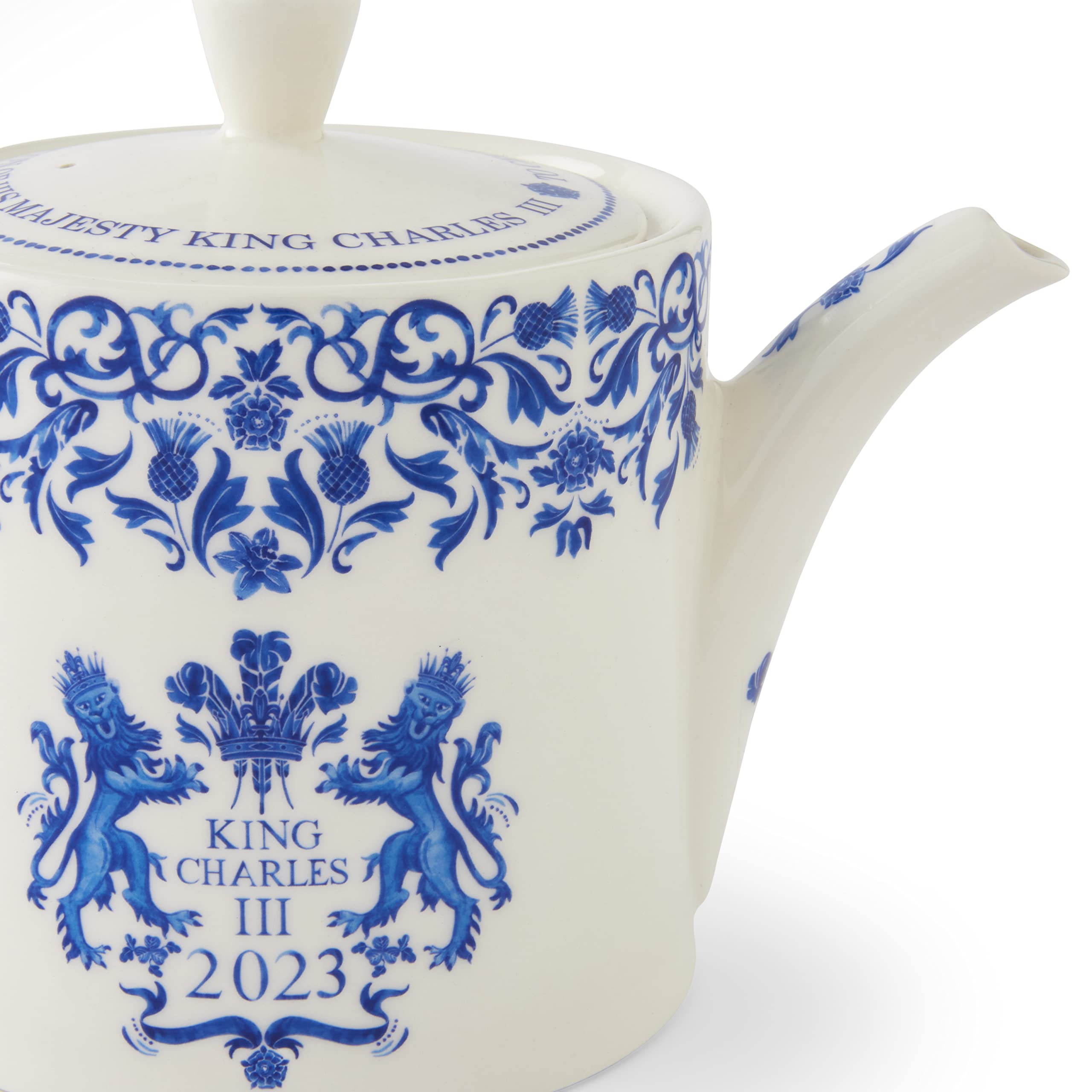 King Charles III Coronation Commemorative Teapot by Spode | Large Blooming & Loose-Leaf Ceramic Tea Pot | 32-Ounces | Dishwasher and Microwave Safe | Made in England (Blue & White) - Image 5