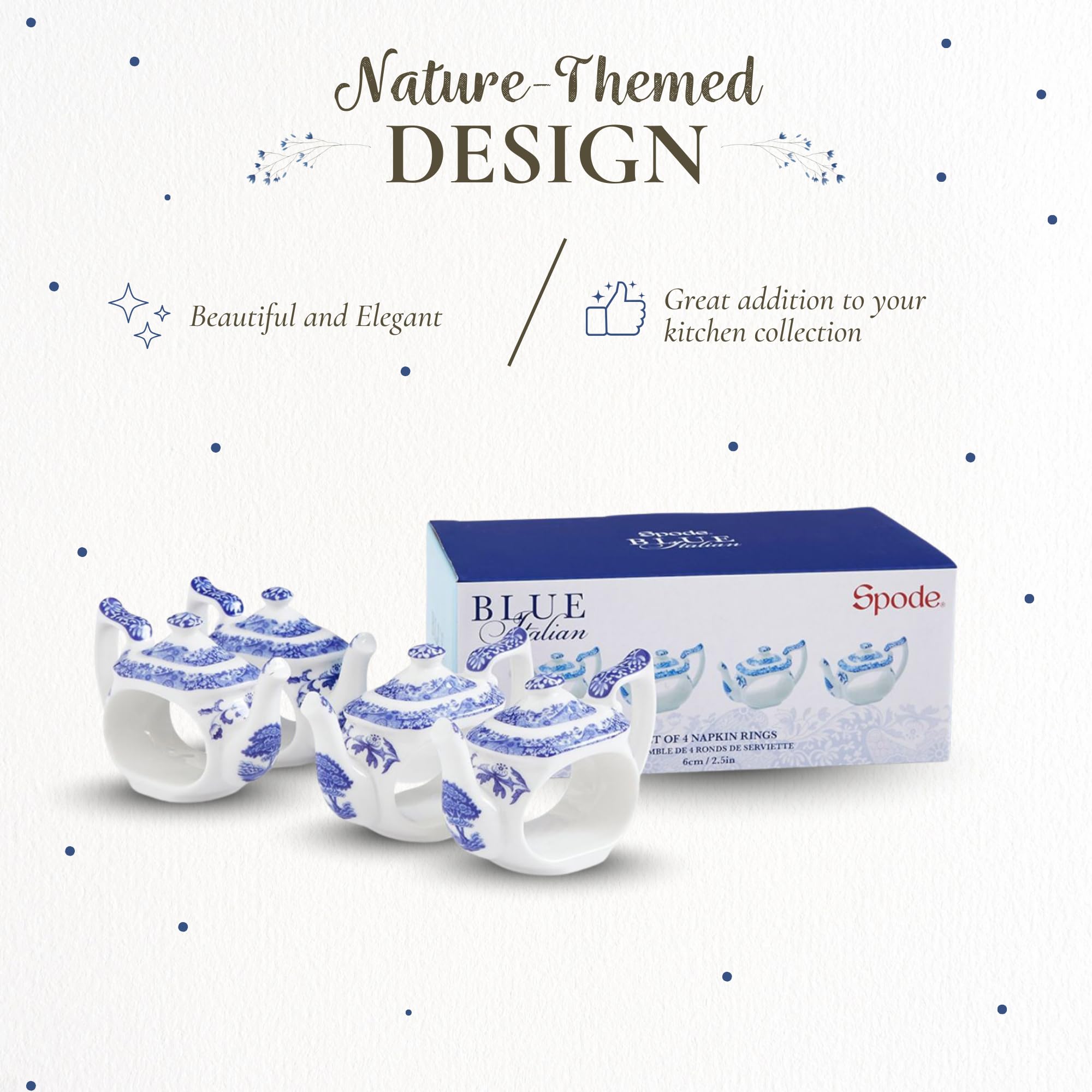 Spode Blue Italian Napkin Rings - Set of 4, Teapot Shaped Blue & White Table Accents for Dining Room Decor - Decorative Napkin Holders for Tableware & Seasonal Place Settings - Image 3