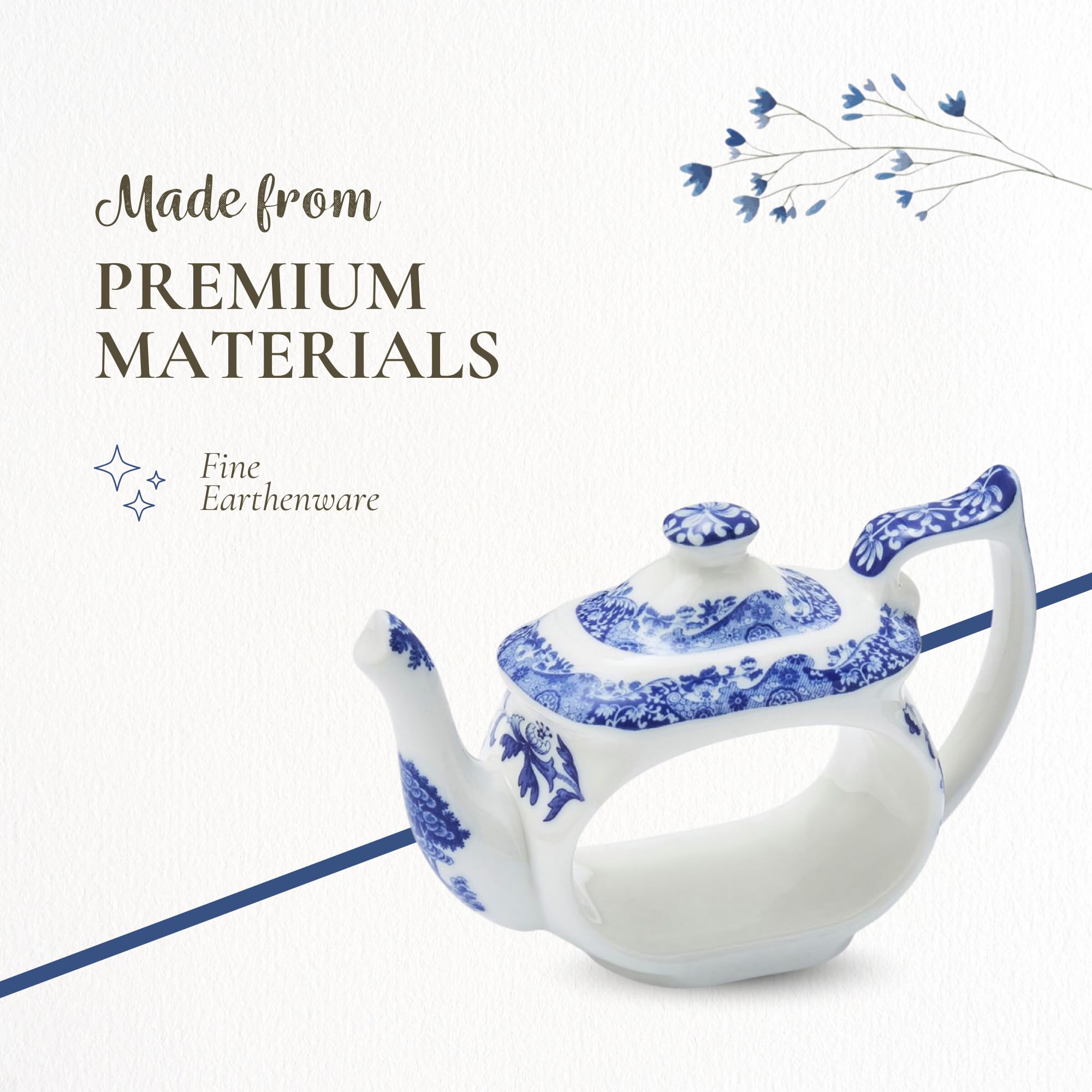 Spode Blue Italian Napkin Rings - Set of 4, Teapot Shaped Blue & White Table Accents for Dining Room Decor - Decorative Napkin Holders for Tableware & Seasonal Place Settings - Image 4