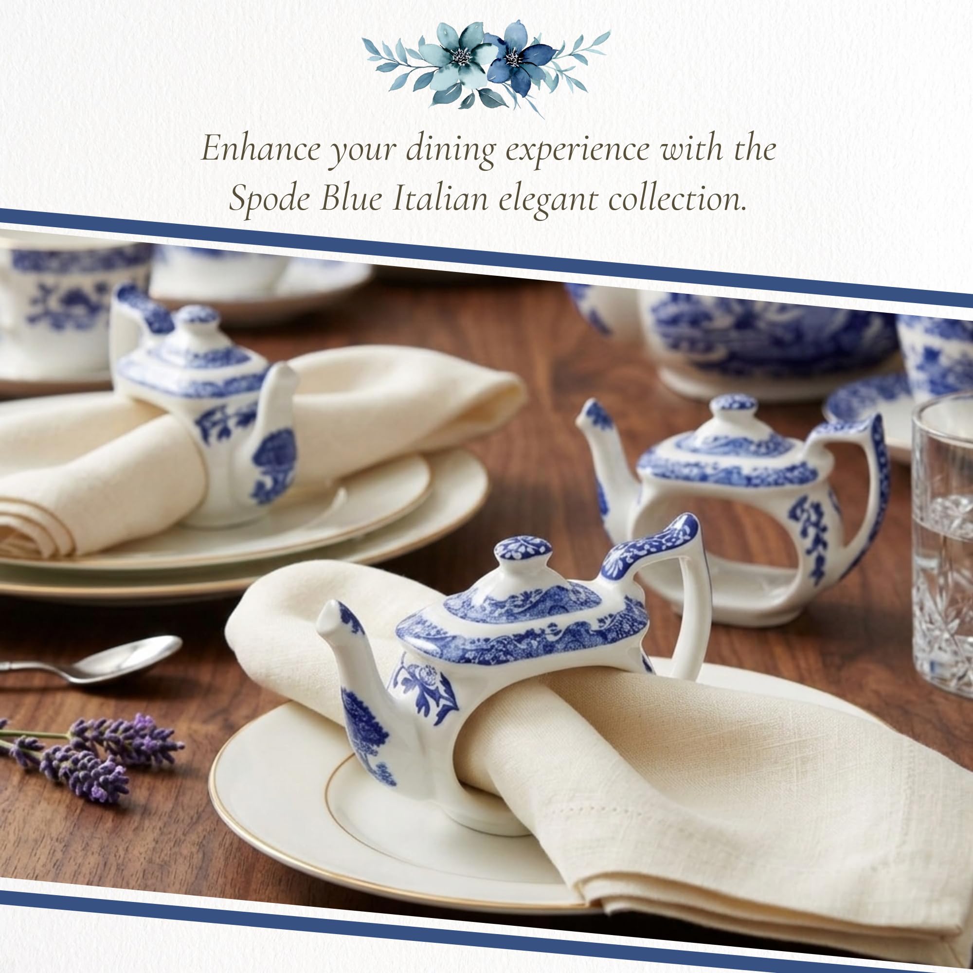 Spode Blue Italian Napkin Rings - Set of 4, Teapot Shaped Blue & White Table Accents for Dining Room Decor - Decorative Napkin Holders for Tableware & Seasonal Place Settings - Image 5