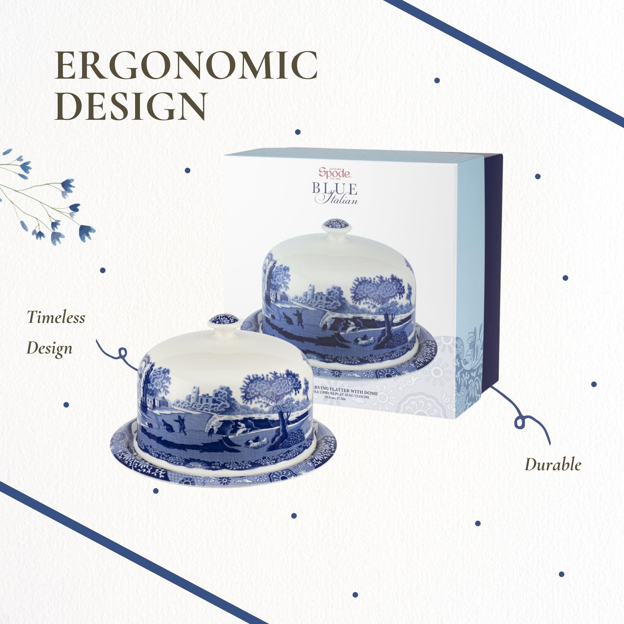 Spode Blue Italian Porcelain Serving Platter with Dome - Elegant Dessert Tray for Cakes, Pastries, Cheese - Oriental Decor Serveware, Dishwasher & Microwave Safe Treat Display Tray - Image 6