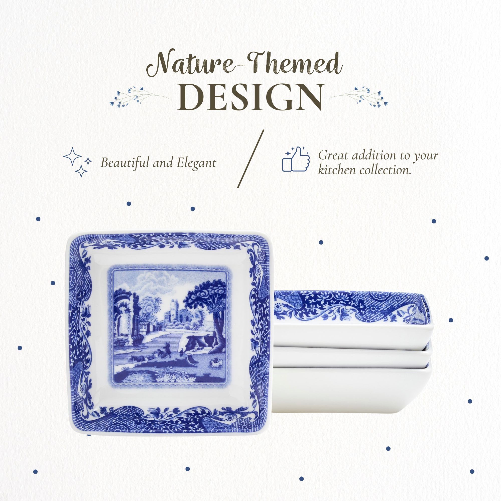 Spode Blue Italian Square Sauce Dishes - Set of 4, 3-Inch Porcelain Mini Serving Bowls with Intricate Scroll Border & Scenic Motif - Decorative Tableware for Condiments & Appetizers - Image 3