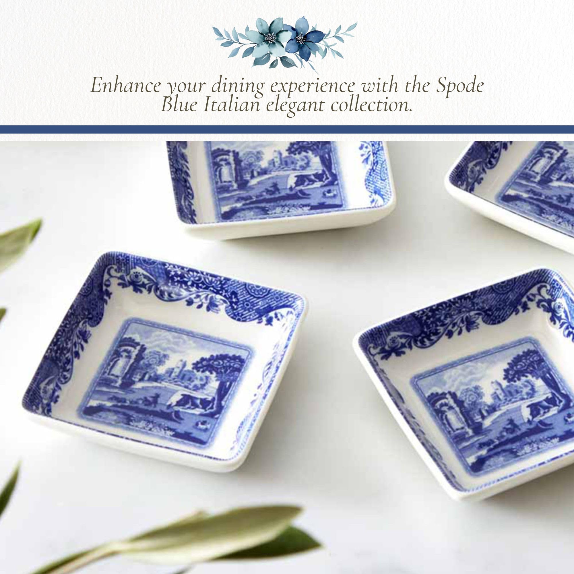 Spode Blue Italian Square Sauce Dishes - Set of 4, 3-Inch Porcelain Mini Serving Bowls with Intricate Scroll Border & Scenic Motif - Decorative Tableware for Condiments & Appetizers - Image 5