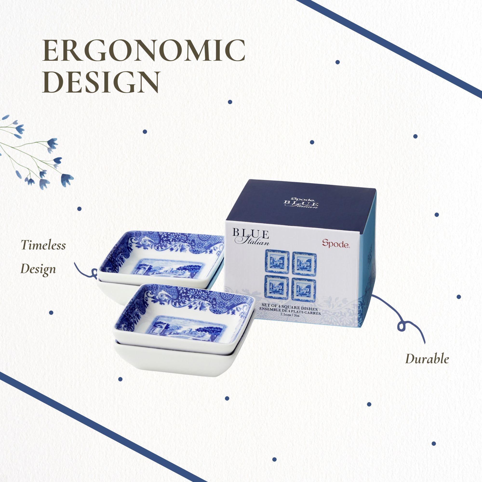 Spode Blue Italian Square Sauce Dishes - Set of 4, 3-Inch Porcelain Mini Serving Bowls with Intricate Scroll Border & Scenic Motif - Decorative Tableware for Condiments & Appetizers - Image 6