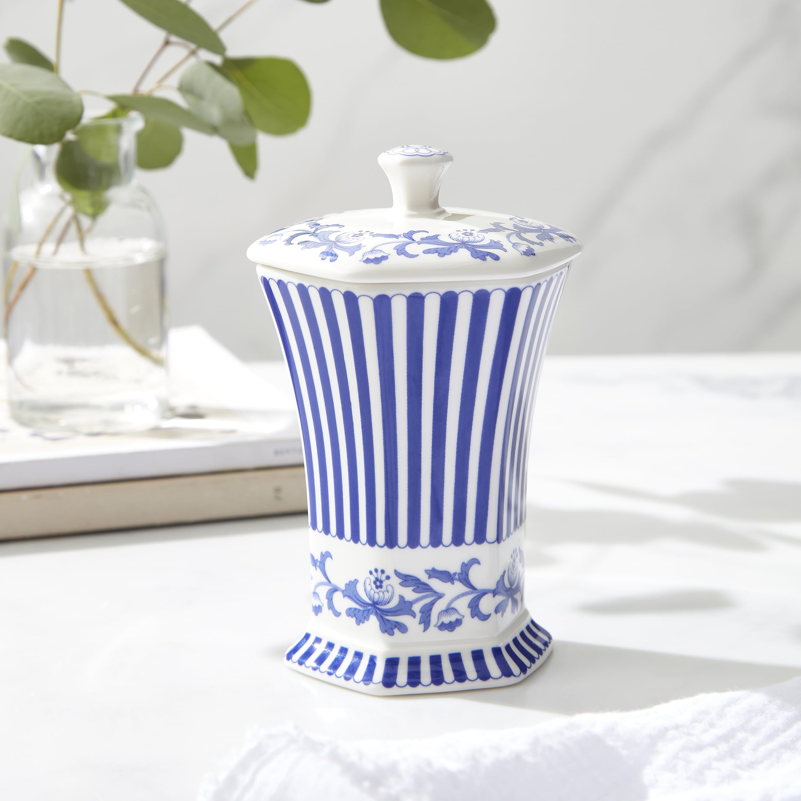 Spode Blue Italian Steccato Vase, 5.2-Inch Porcelain Hexagonal Accent with Stripe & Floral Scroll - Classic Blue & White for Contemporary Mediterranean Home Decor, Ideal for Living, Dining Room - Image 5