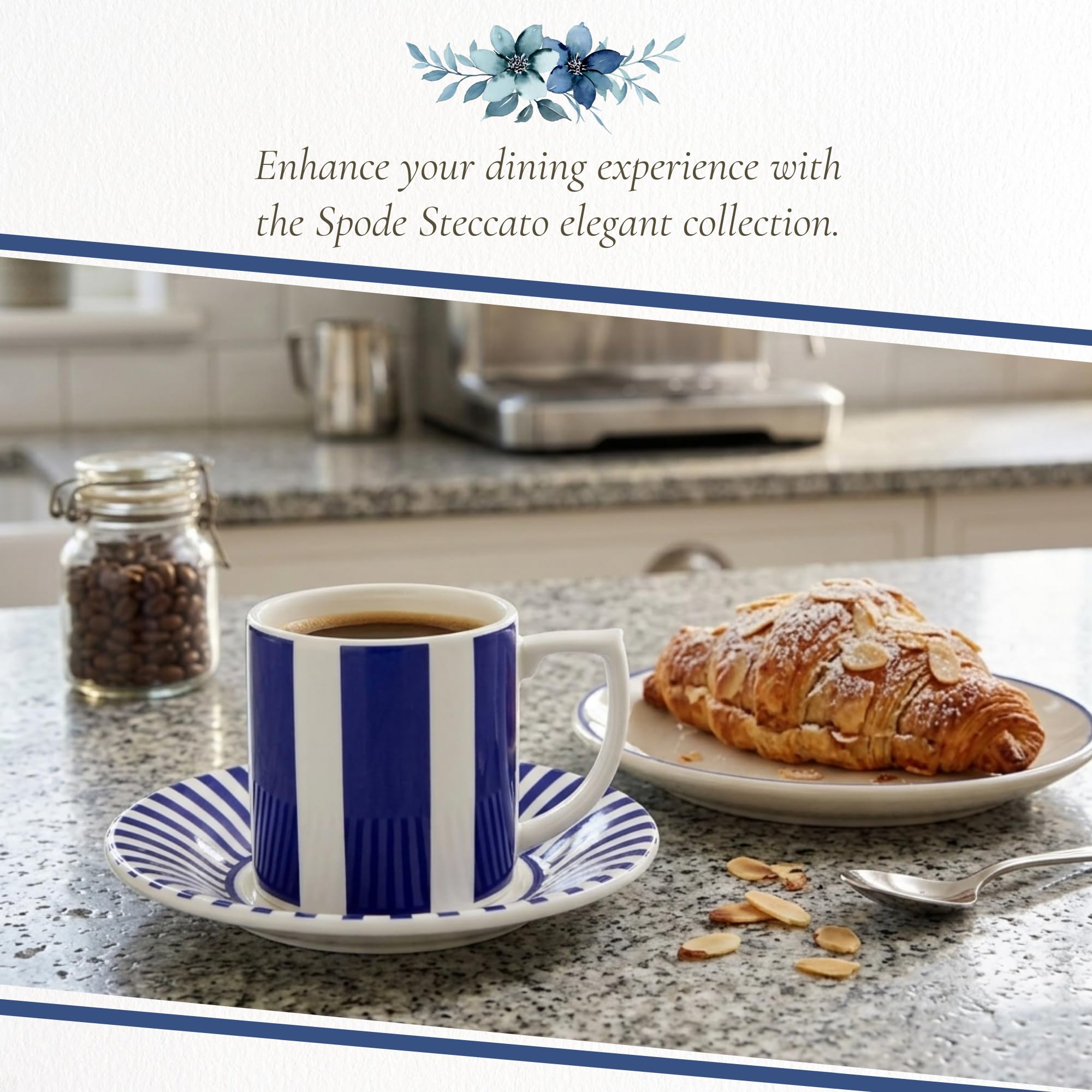 Spode Bold Steccato 3oz Espresso Cup & Saucer Set - Decorative Striped Design - Elegant Hot Beverage Demitasse for Coffee - Brunch Table Drinkware - Collector’s Earthenware Set - Image 5