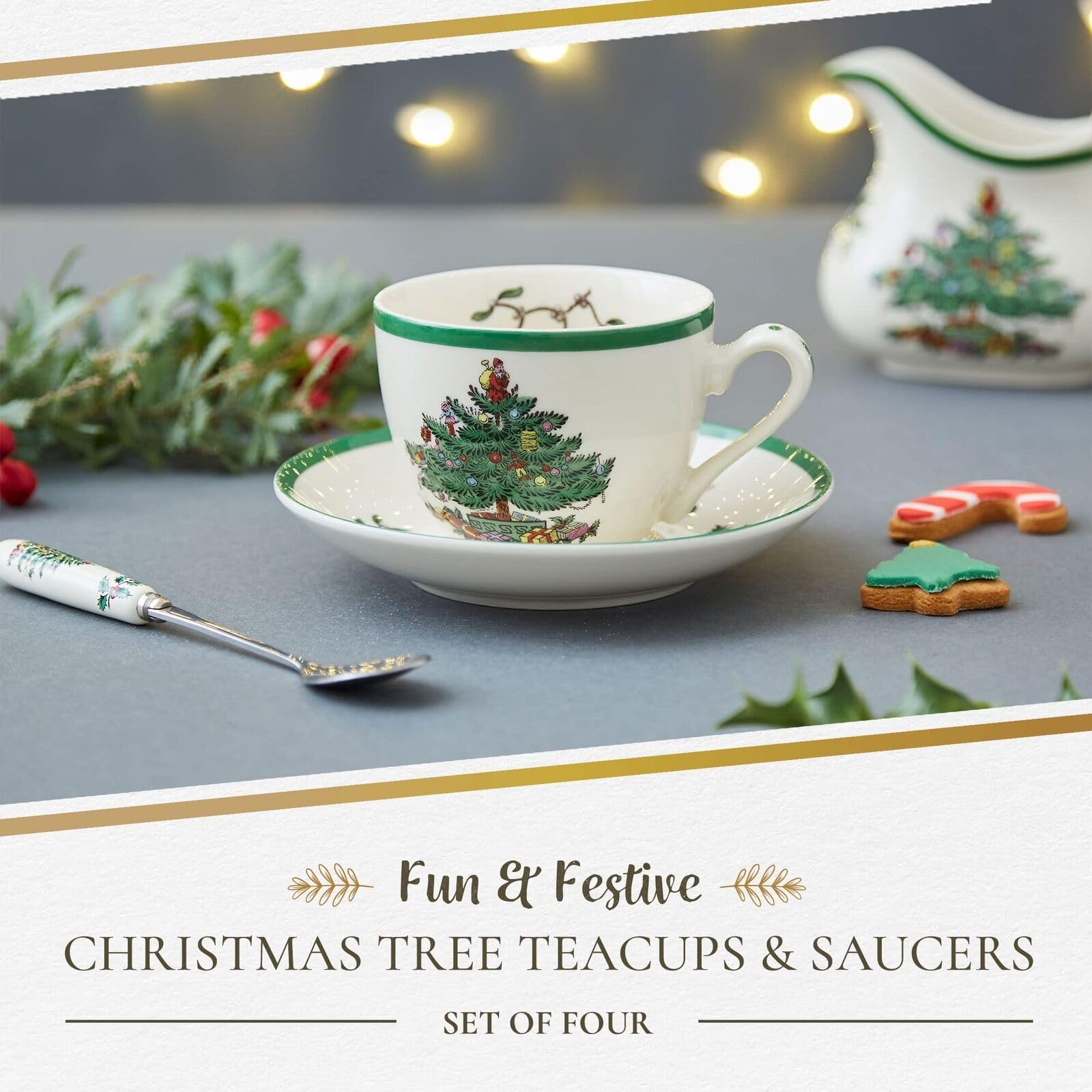 Spode Christmas Tree 7 fl.oz Teacup & Saucer Set - Set of 4 Festive Holiday Earthenware Cups, Classic English Drinkware for Christmas Dining, Collectible Tableware Made in England, Dishwasher Safe - Image 3