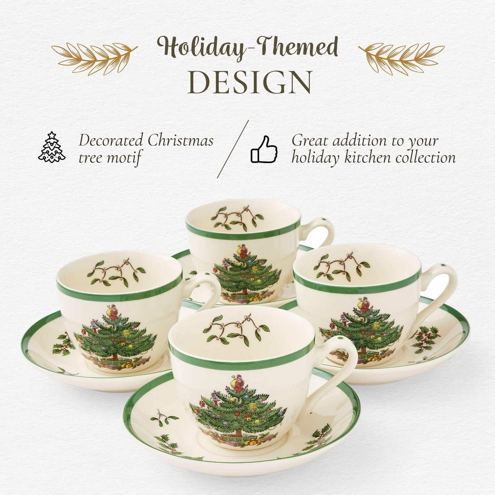 Spode Christmas Tree 7 fl.oz Teacup & Saucer Set - Set of 4 Festive Holiday Earthenware Cups, Classic English Drinkware for Christmas Dining, Collectible Tableware Made in England, Dishwasher Safe - Image 4
