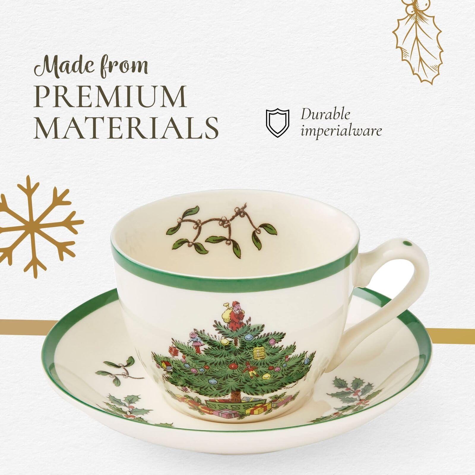 Spode Christmas Tree 7 fl.oz Teacup & Saucer Set - Set of 4 Festive Holiday Earthenware Cups, Classic English Drinkware for Christmas Dining, Collectible Tableware Made in England, Dishwasher Safe - Image 5