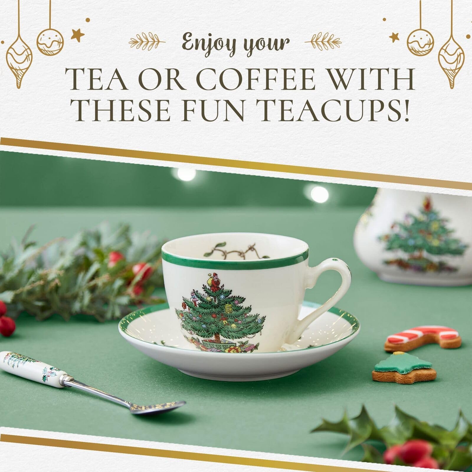 Spode Christmas Tree 7 fl.oz Teacup & Saucer Set - Set of 4 Festive Holiday Earthenware Cups, Classic English Drinkware for Christmas Dining, Collectible Tableware Made in England, Dishwasher Safe - Image 6