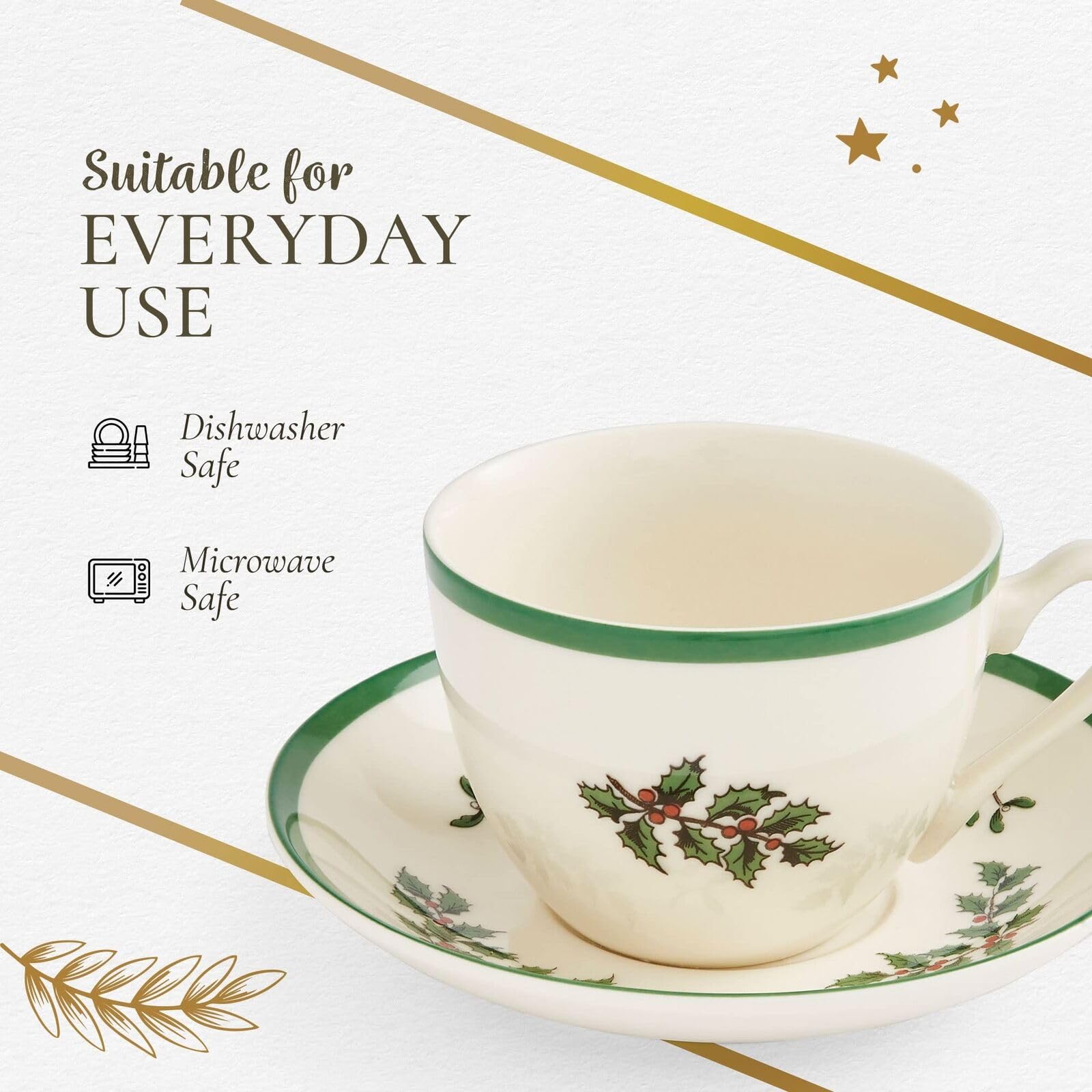 Spode Christmas Tree 7 fl.oz Teacup & Saucer Set - Set of 4 Festive Holiday Earthenware Cups, Classic English Drinkware for Christmas Dining, Collectible Tableware Made in England, Dishwasher Safe - Image 7