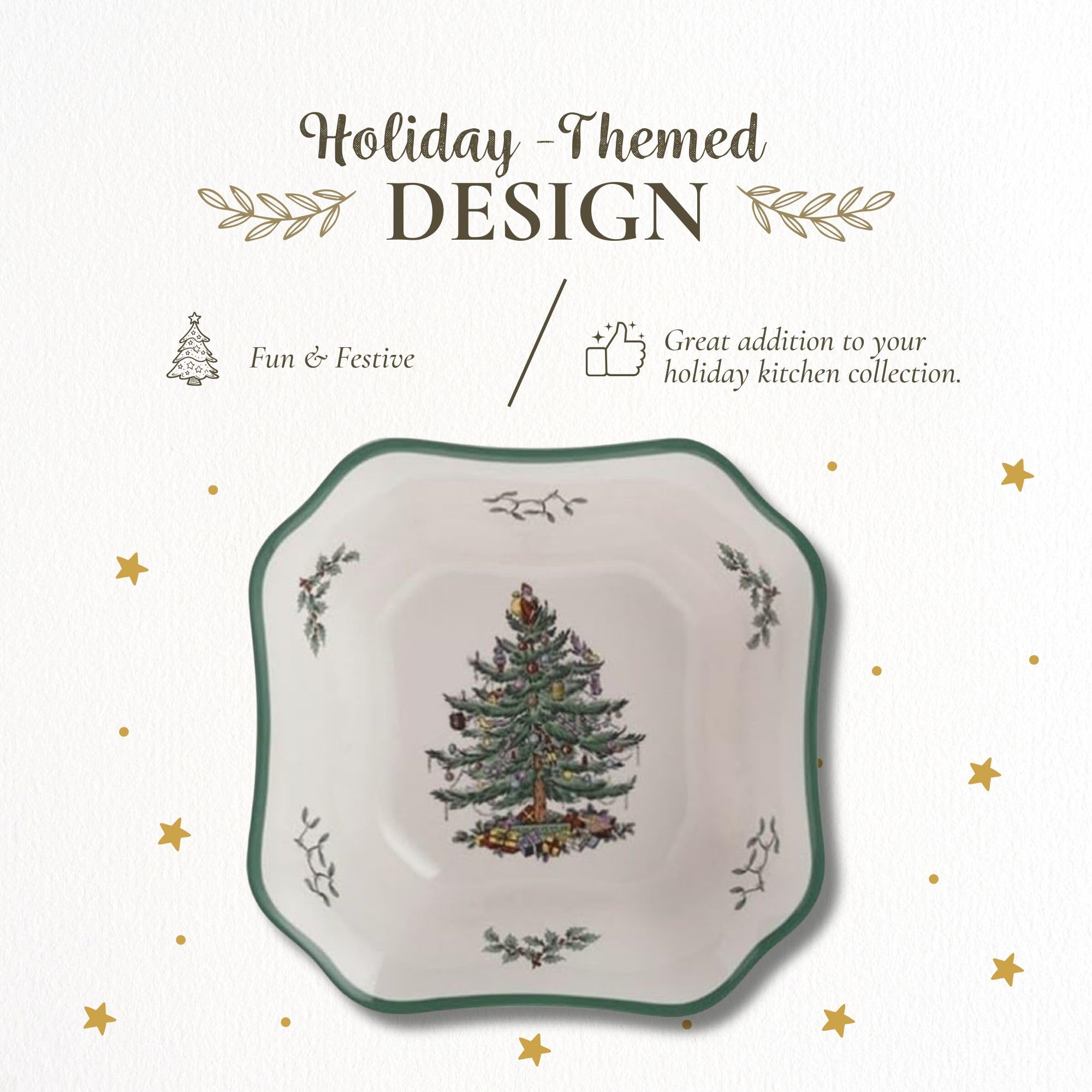 Spode Christmas Tree 9.5-Inch Square Salad Bowl - Ceramic Earthenware Serving Bowl for Salads, Soups, Pasta, & Side Dishes - Festive Holiday Dinnerware with Iconic Christmas Tree Design - Image 3