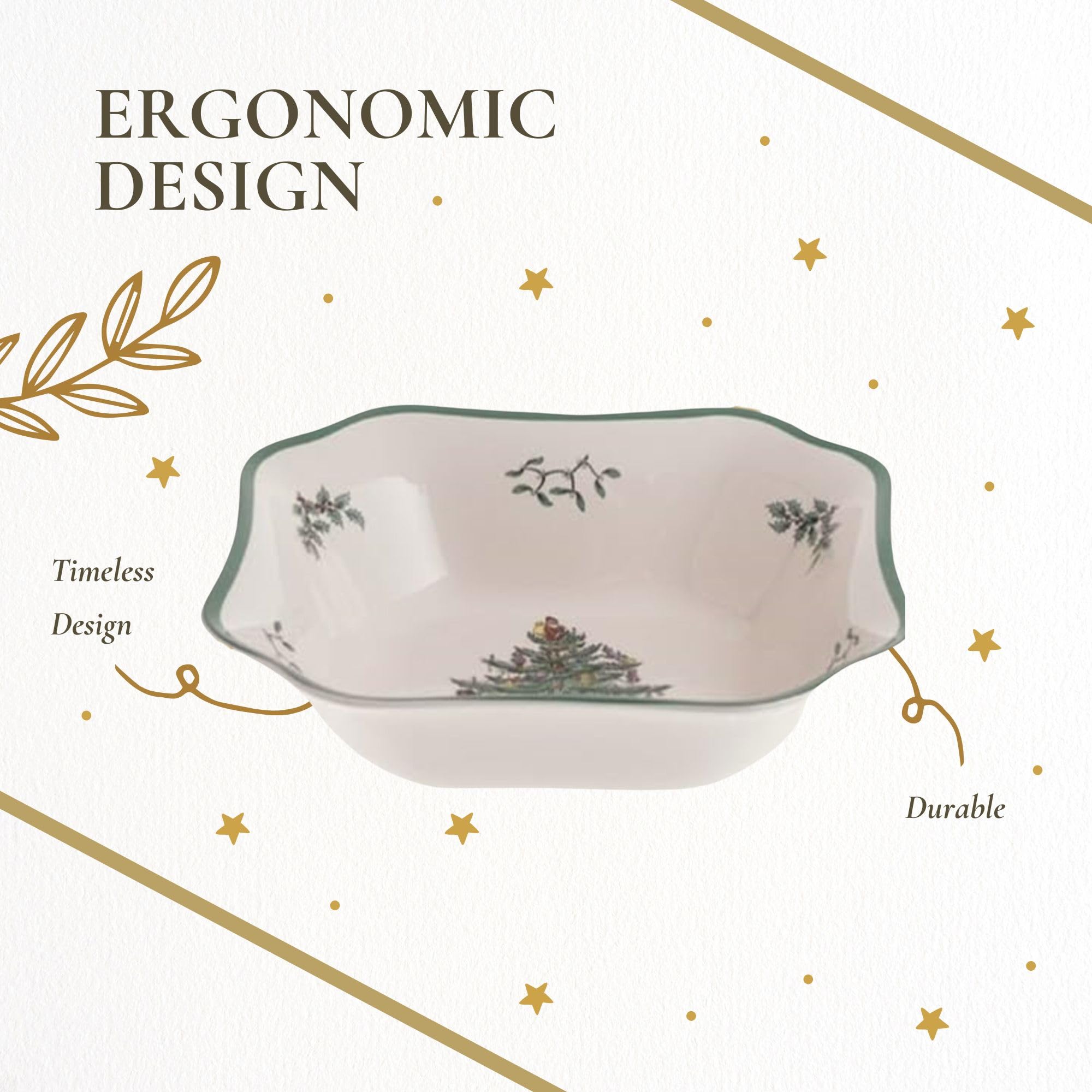 Spode Christmas Tree 9.5-Inch Square Salad Bowl - Ceramic Earthenware Serving Bowl for Salads, Soups, Pasta, & Side Dishes - Festive Holiday Dinnerware with Iconic Christmas Tree Design - Image 7