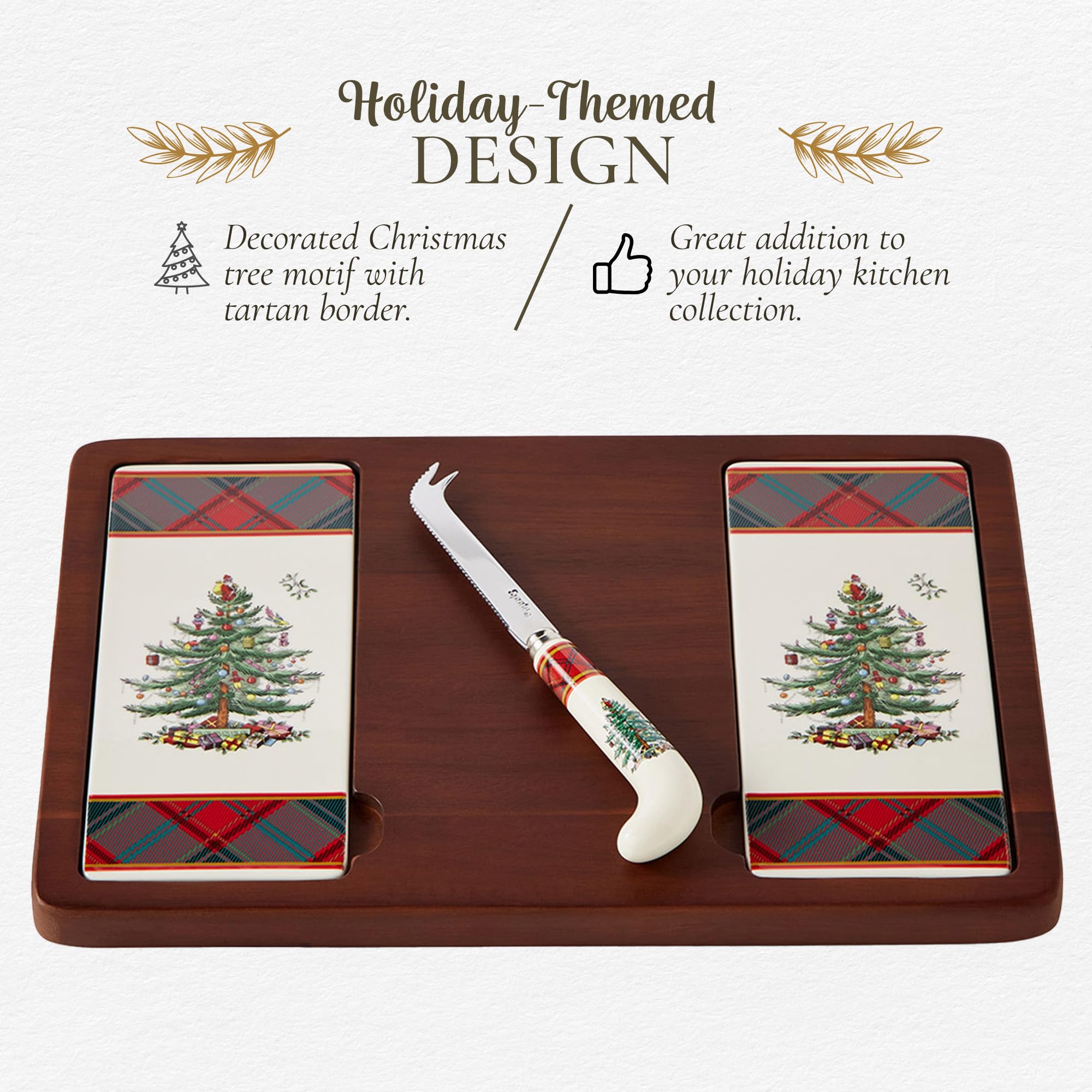 Spode Christmas Tree Cheese Board & Knife Set, Tartan Plaid - Holiday Entertaining, Charcuterie & Cracker Tray, Seasonal Serveware - Christmas Table Setting & Presentation - Image 3
