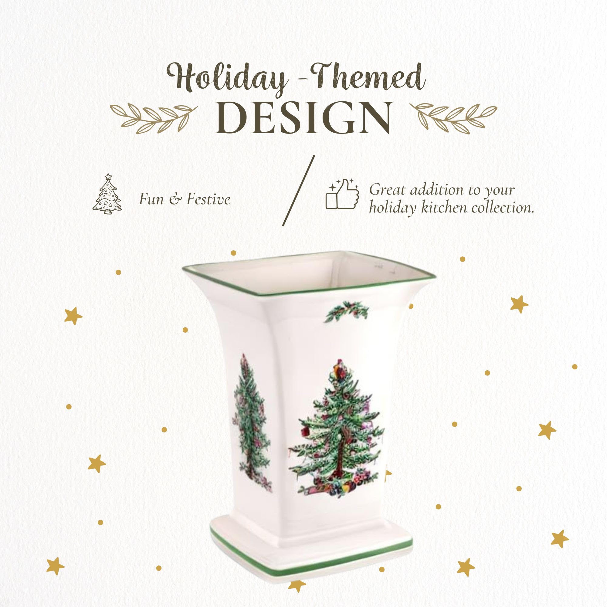 Spode Christmas Tree Square Vase, 8-Inch Festive Vase for Flowers & Holiday Decor - Fine Earthenware Centerpiece for Christmas Table, Mantle, Seasonal Floral Arrangements, Dishwasher Safe - Image 3