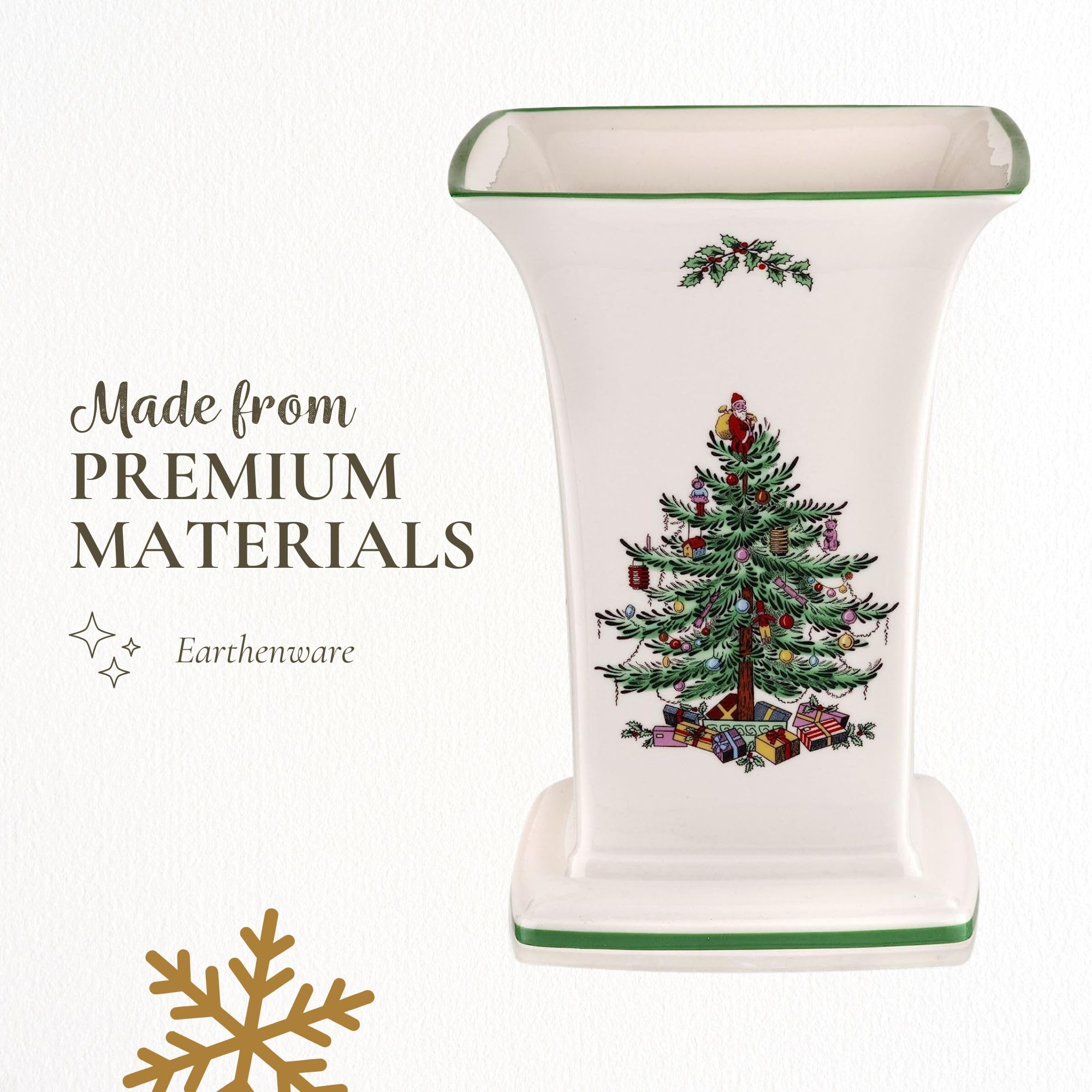 Spode Christmas Tree Square Vase, 8-Inch Festive Vase for Flowers & Holiday Decor - Fine Earthenware Centerpiece for Christmas Table, Mantle, Seasonal Floral Arrangements, Dishwasher Safe - Image 4