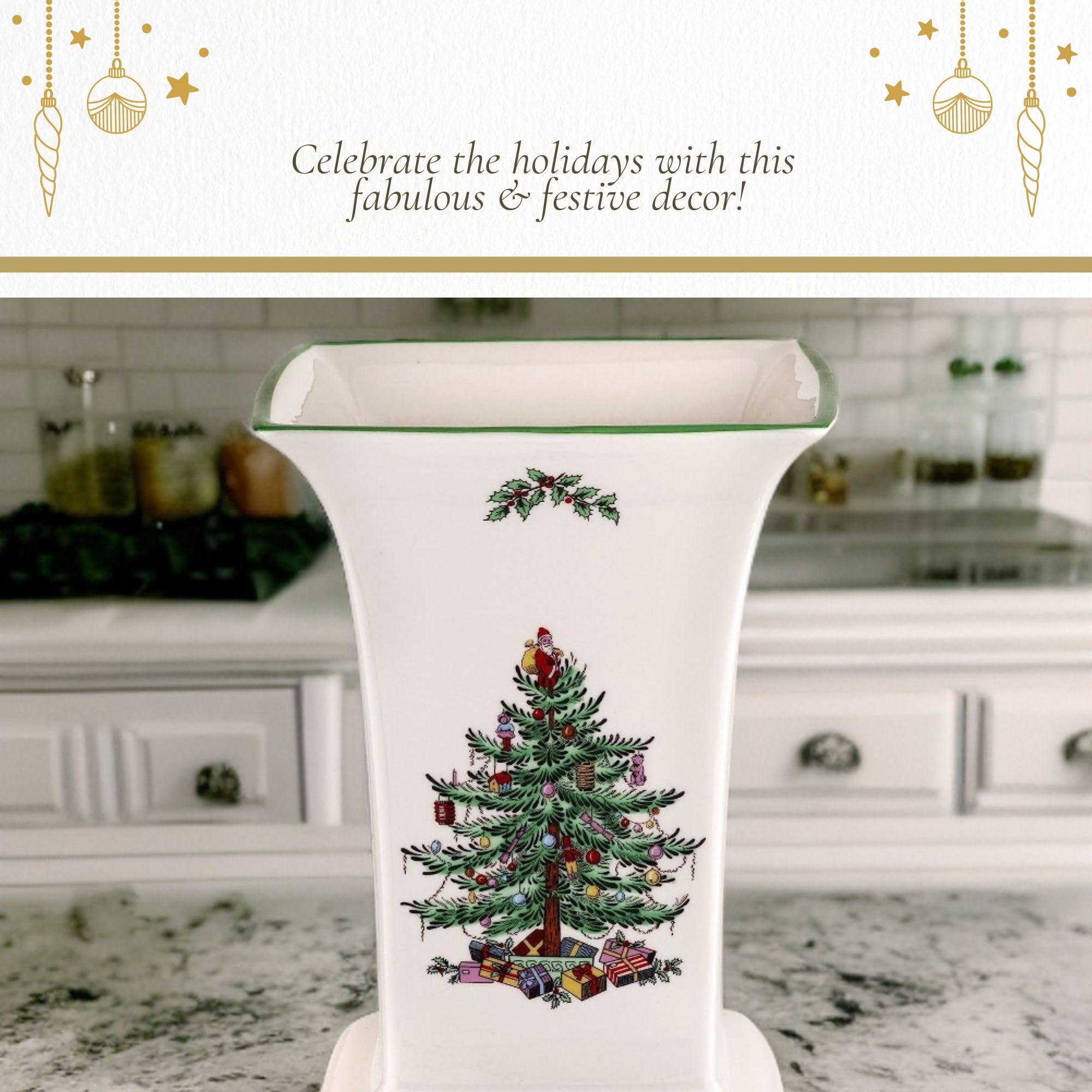 Spode Christmas Tree Square Vase, 8-Inch Festive Vase for Flowers & Holiday Decor - Fine Earthenware Centerpiece for Christmas Table, Mantle, Seasonal Floral Arrangements, Dishwasher Safe - Image 5