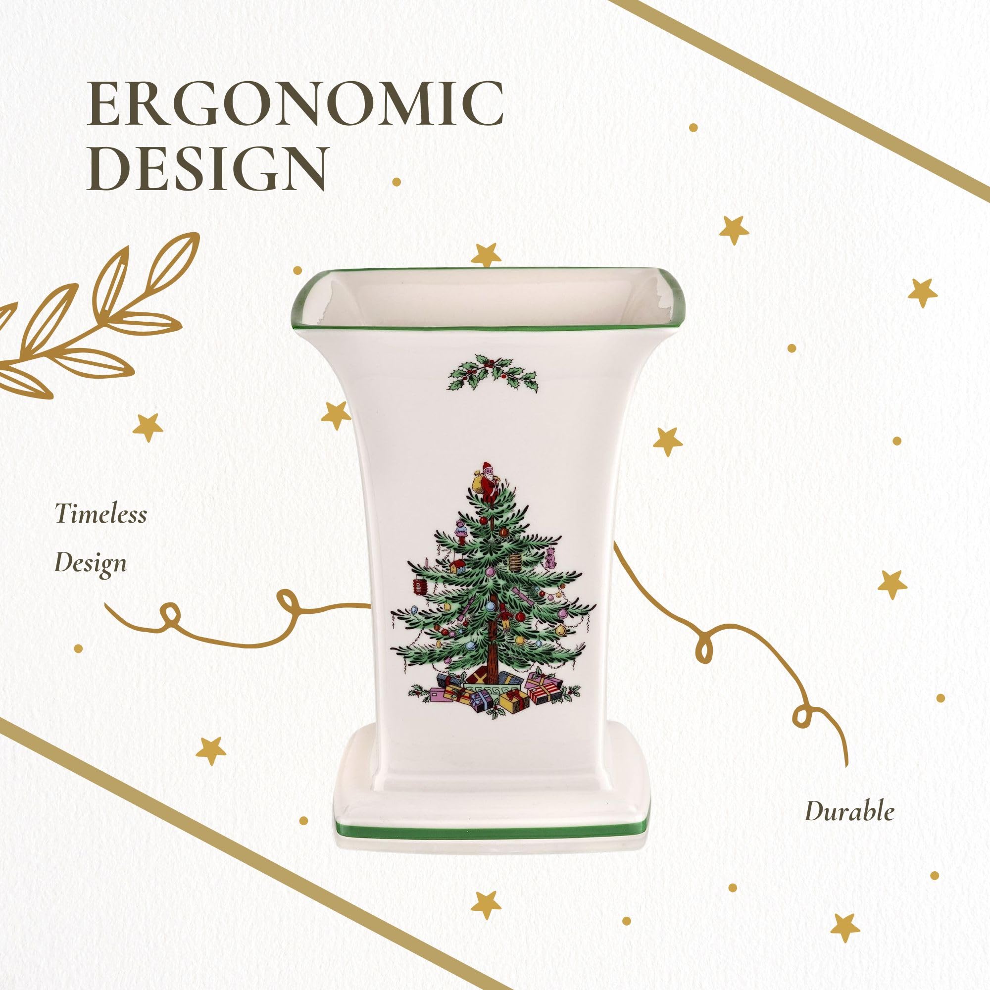 Spode Christmas Tree Square Vase, 8-Inch Festive Vase for Flowers & Holiday Decor - Fine Earthenware Centerpiece for Christmas Table, Mantle, Seasonal Floral Arrangements, Dishwasher Safe - Image 6