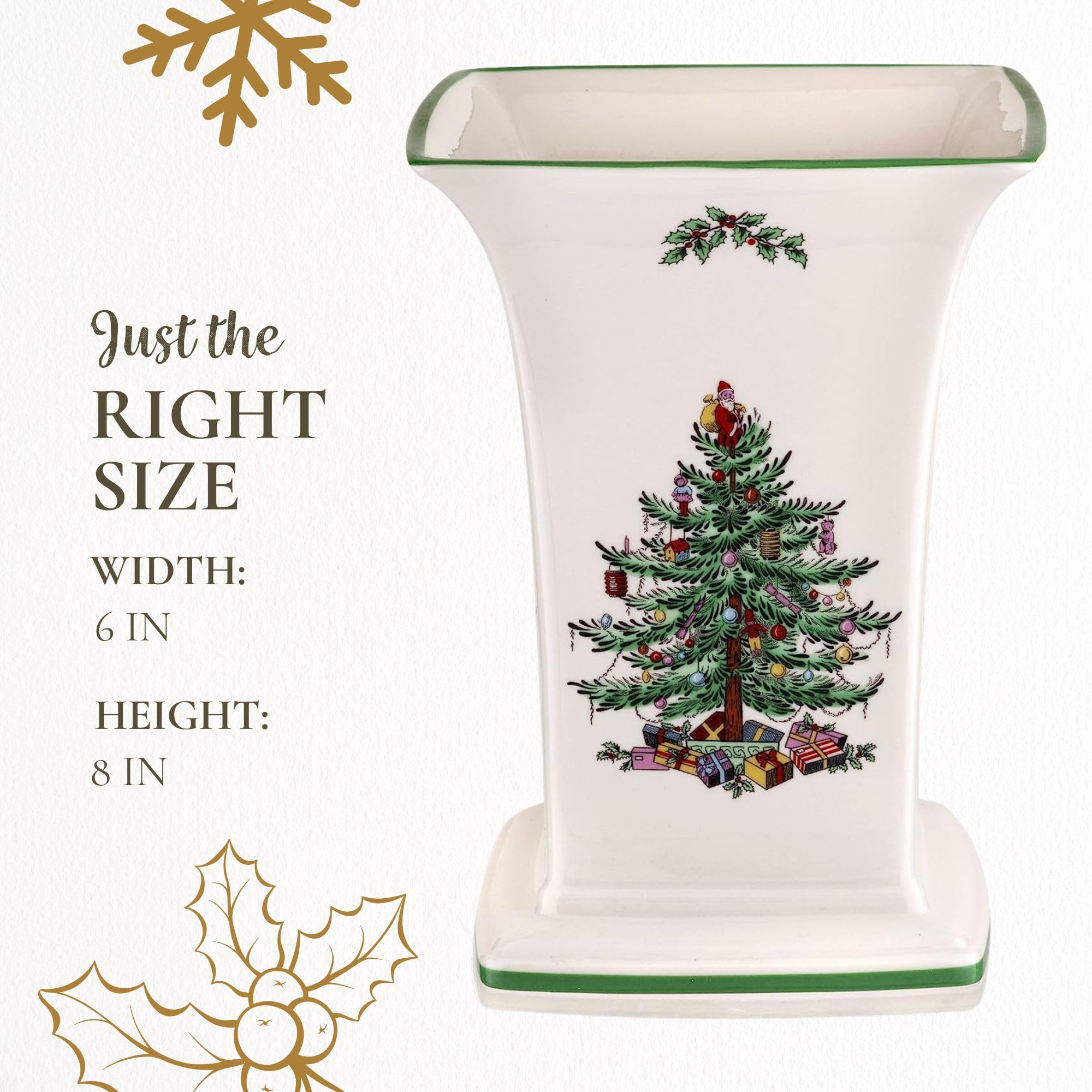 Spode Christmas Tree Square Vase, 8-Inch Festive Vase for Flowers & Holiday Decor - Fine Earthenware Centerpiece for Christmas Table, Mantle, Seasonal Floral Arrangements, Dishwasher Safe - Image 7