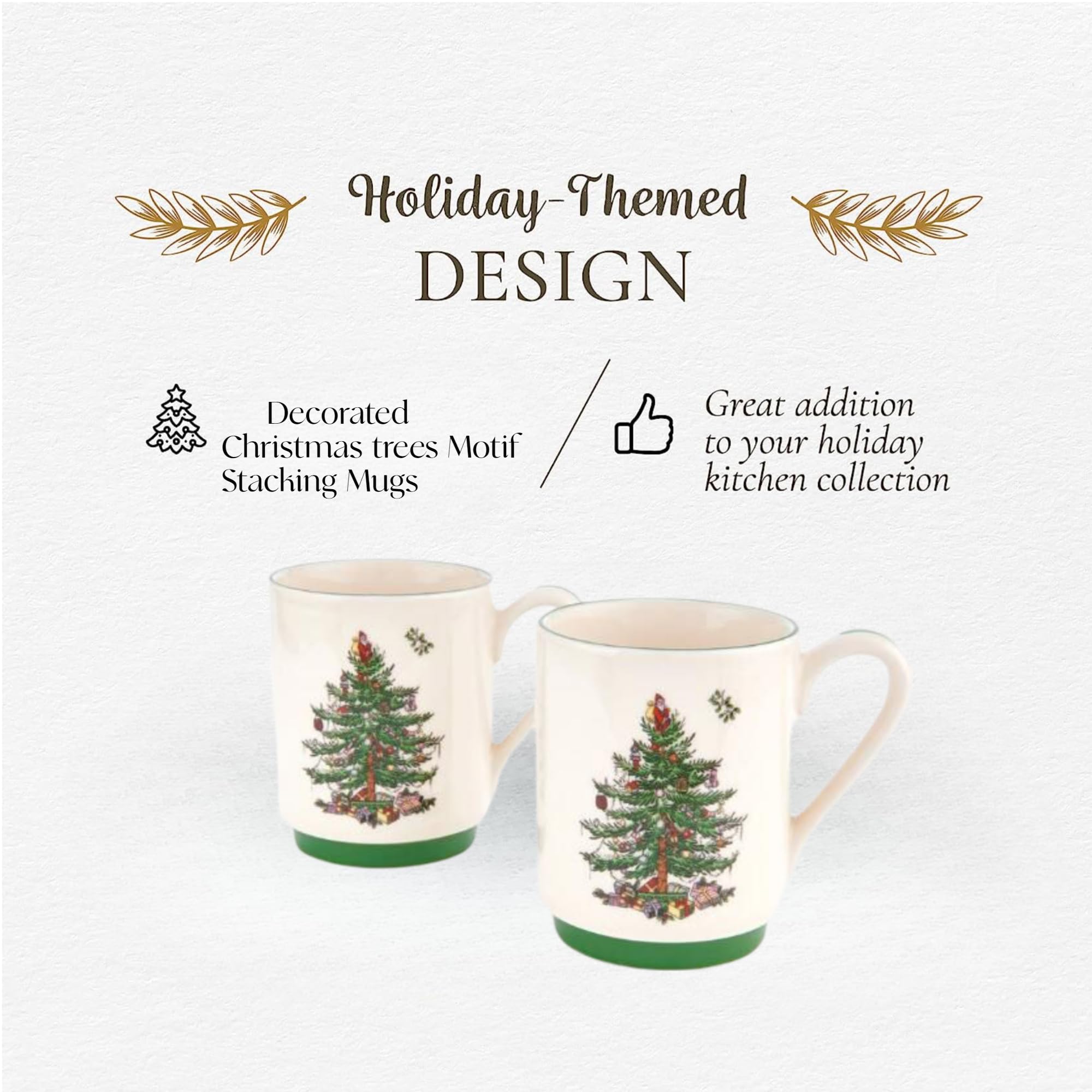 Spode Christmas Tree Stackable Coffee Mug Set of 2 – Festive 12oz Tea Cups for Hot Cocoa, Coffee & Milk, Dishwasher Safe Holiday Drinkware, Christmas Tableware & Gift Idea - Image 3