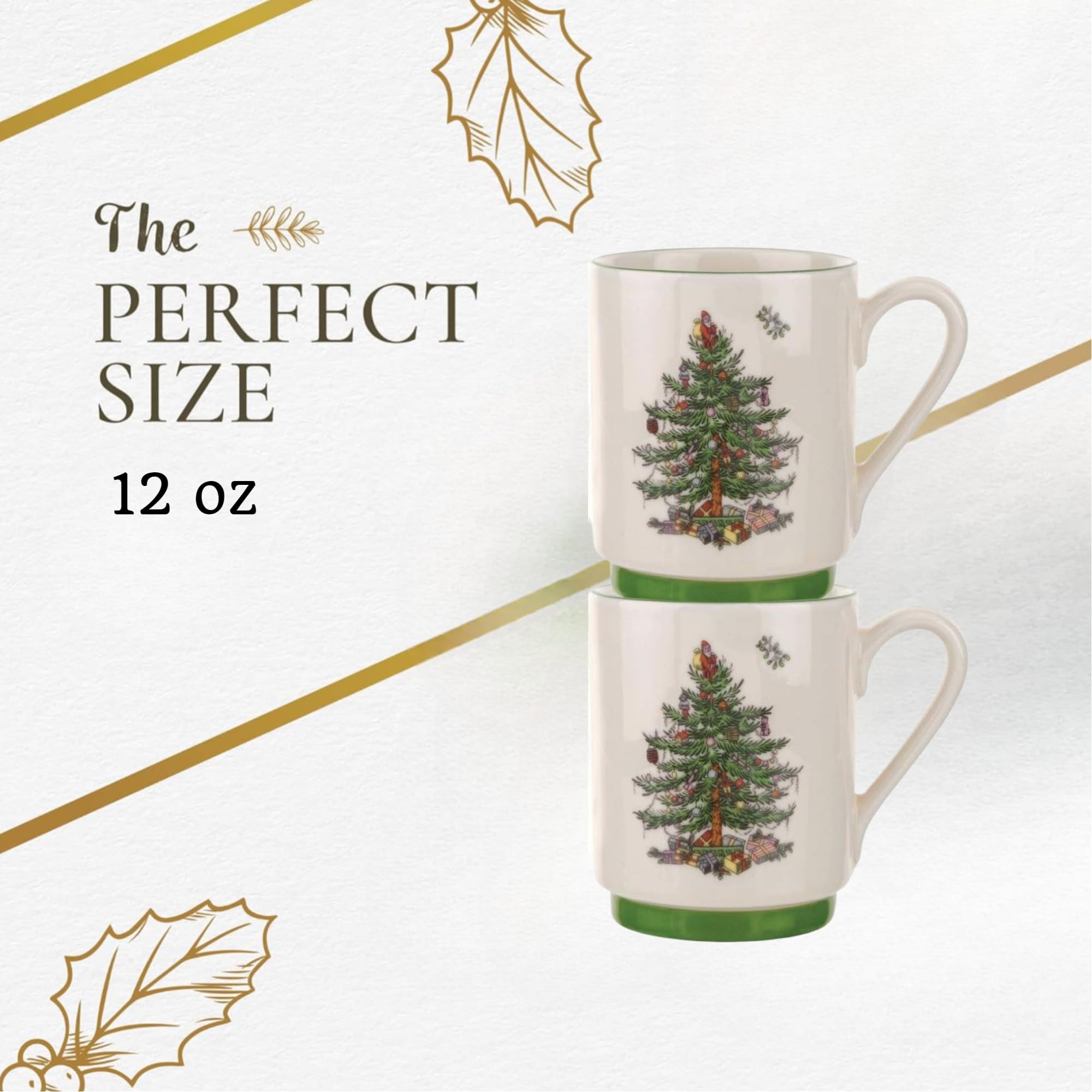 Spode Christmas Tree Stackable Coffee Mug Set of 2 – Festive 12oz Tea Cups for Hot Cocoa, Coffee & Milk, Dishwasher Safe Holiday Drinkware, Christmas Tableware & Gift Idea - Image 5
