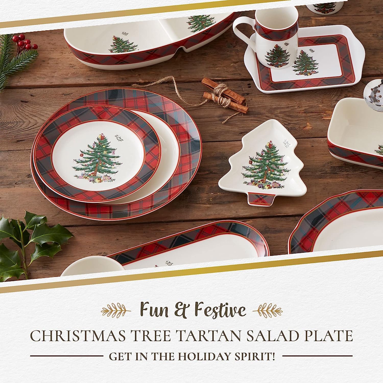 Spode Christmas Tree Tartan Salad Plate (Set of 4) - 7.75" Earthenware Plate, Holiday Tableware for Serving Salads, Appetizers, Desserts - Dishwasher & Microwave Safe, Festive Christmas Dinnerware - Image 3