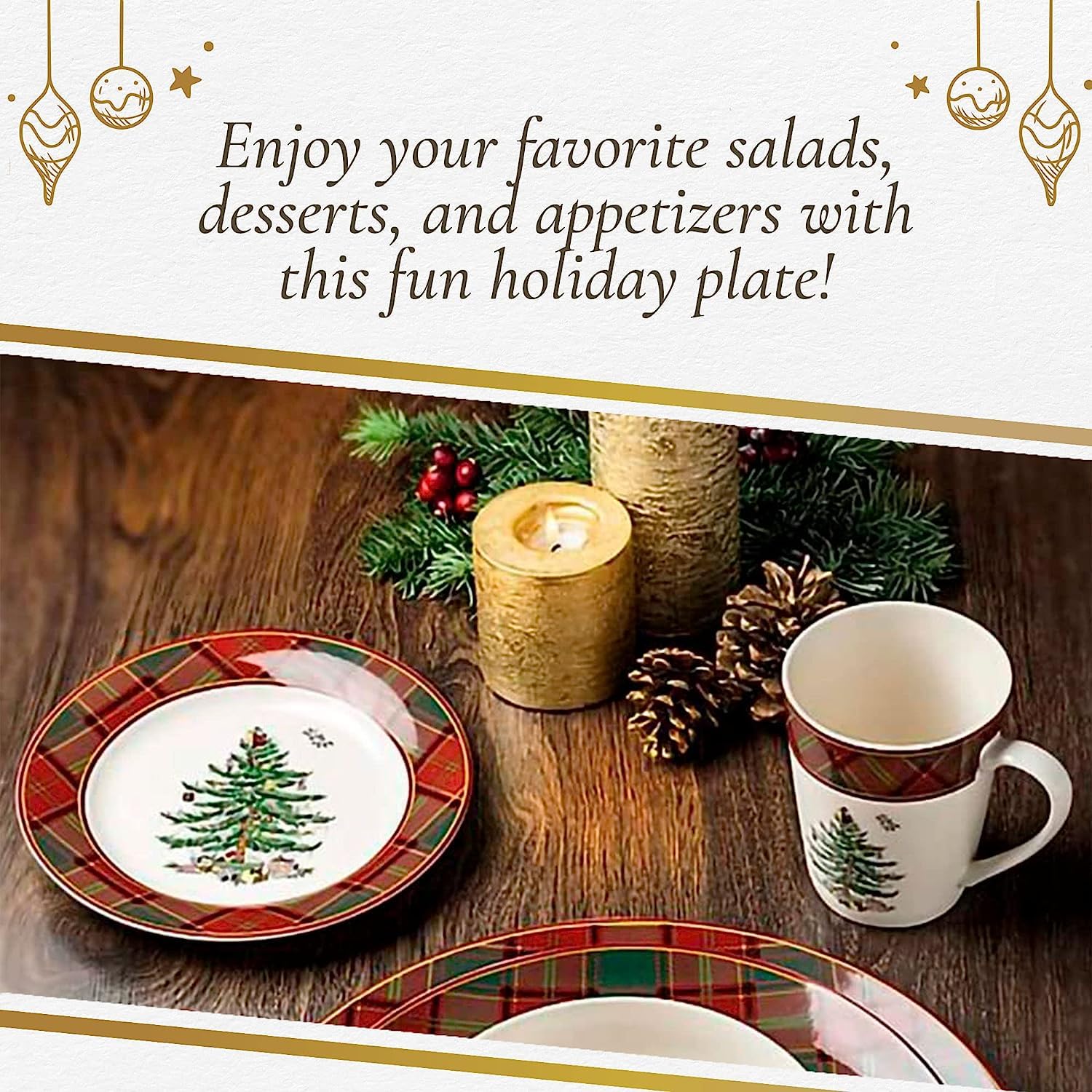 Spode Christmas Tree Tartan Salad Plate (Set of 4) - 7.75" Earthenware Plate, Holiday Tableware for Serving Salads, Appetizers, Desserts - Dishwasher & Microwave Safe, Festive Christmas Dinnerware - Image 6