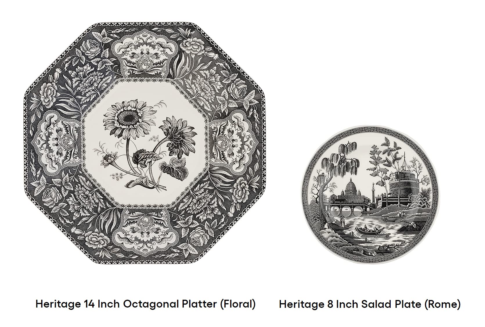 Spode - Heritage Collection Porcelain Octagonal Platter Featuring Black and White Floral Motif - 14" - Image 4