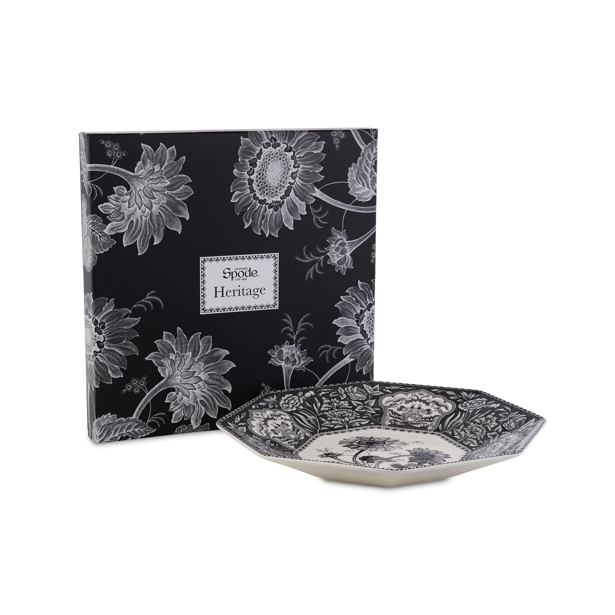Spode - Heritage Collection Porcelain Octagonal Platter Featuring Black and White Floral Motif - 14" - Image 5