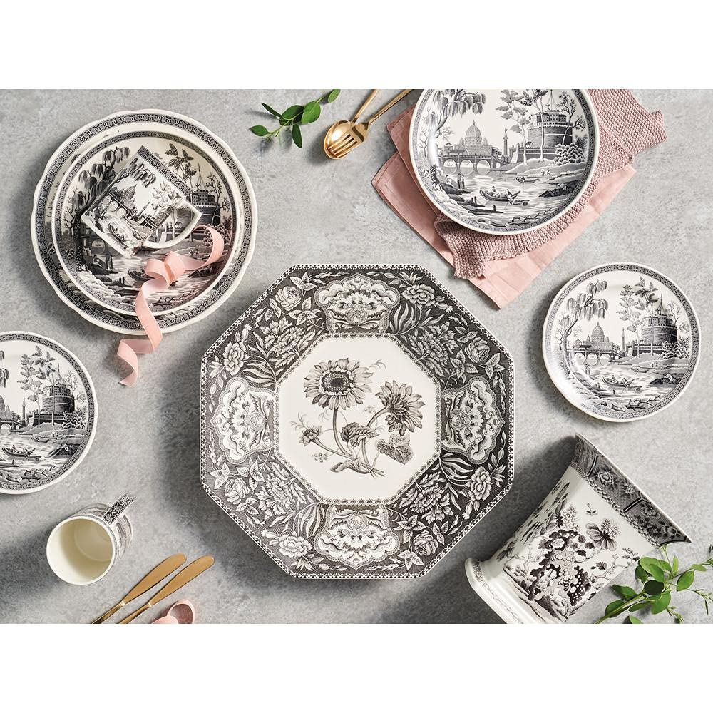 Spode - Heritage Collection Porcelain Octagonal Platter Featuring Black and White Floral Motif - 14" - Image 6