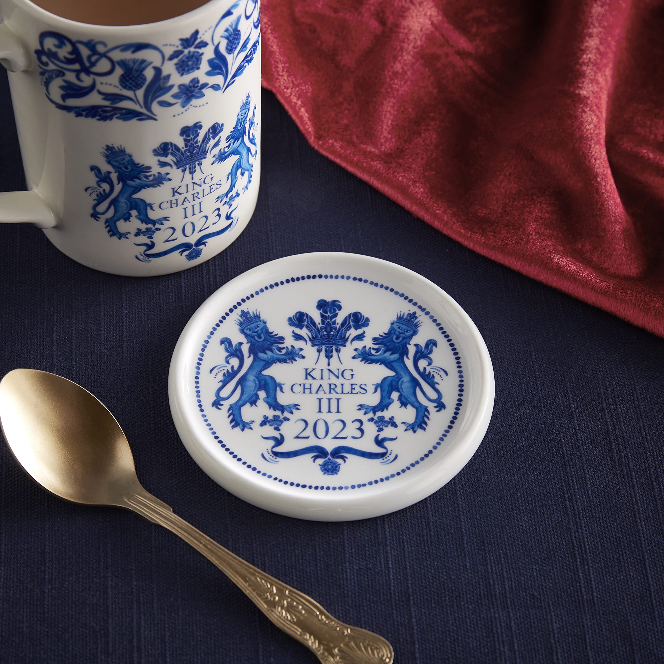 Spode King Charles III Coronation Single Round 10cm Coaster, Blue & White Pattern UK Made - Image 3