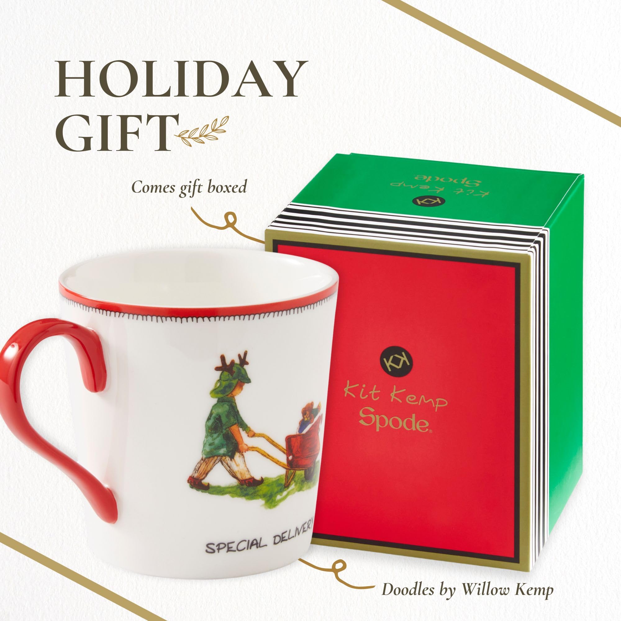 Spode Kit Kemp 12oz Festive Christmas Mug - Special Delivery Doodle Mug, Fine China Dishwasher Safe Holiday Coffee Mug with Handle for Cocoa, Tea, Gifts - A Cheerful Christmas Essential - Image 6