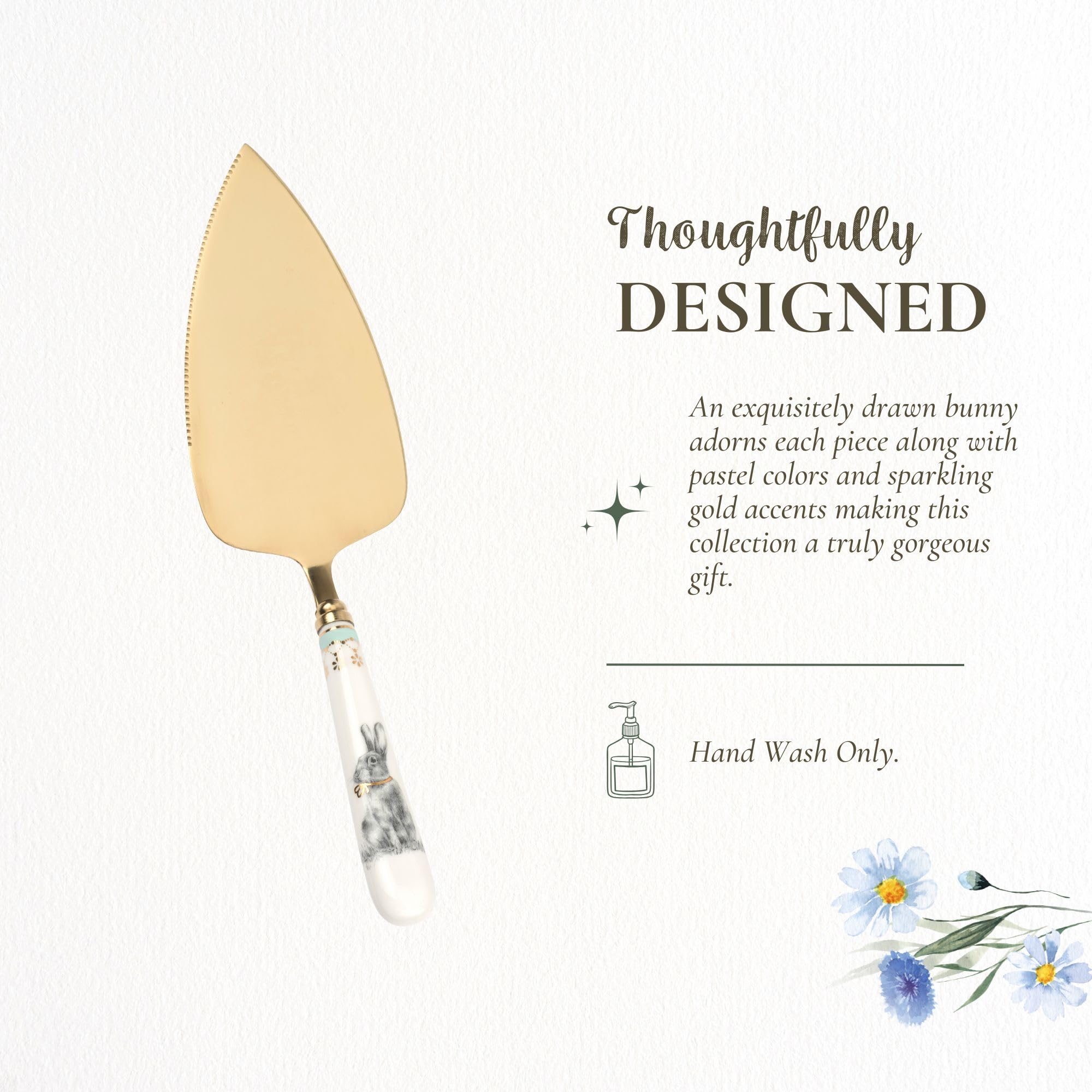 Spode Meadow Lane Cake Server, Gold-Plated Stainless Steel Dessert Knife with Porcelain Handle - Bunny Motif & Gold Accents, For Cakes, Pies & Pastries - 10-Inch Cake Cutter, Elegant Gift Box - Image 3
