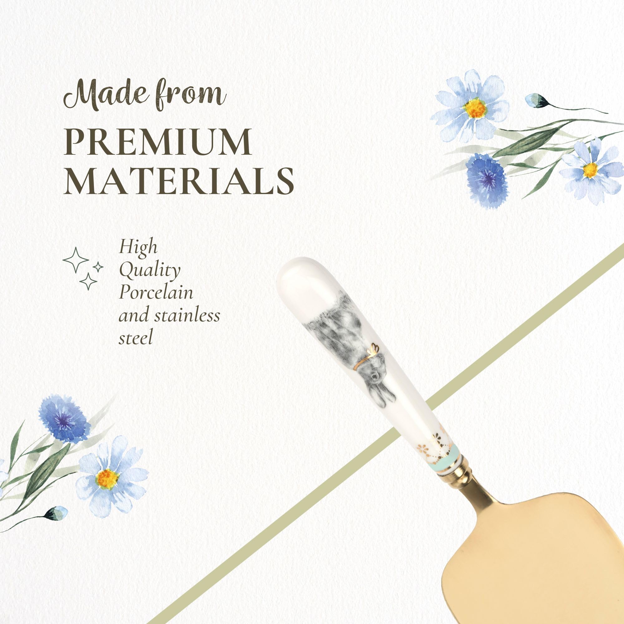 Spode Meadow Lane Cake Server, Gold-Plated Stainless Steel Dessert Knife with Porcelain Handle - Bunny Motif & Gold Accents, For Cakes, Pies & Pastries - 10-Inch Cake Cutter, Elegant Gift Box - Image 4