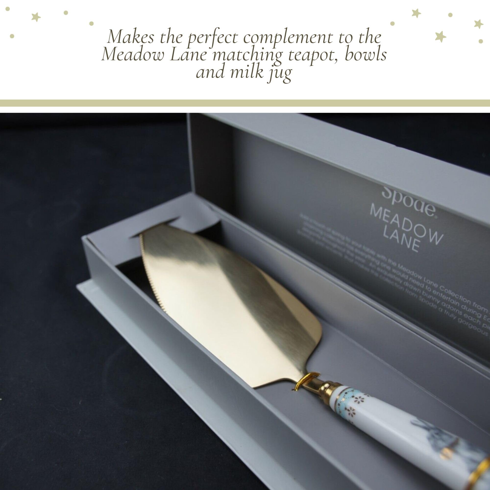 Spode Meadow Lane Cake Server, Gold-Plated Stainless Steel Dessert Knife with Porcelain Handle - Bunny Motif & Gold Accents, For Cakes, Pies & Pastries - 10-Inch Cake Cutter, Elegant Gift Box - Image 5