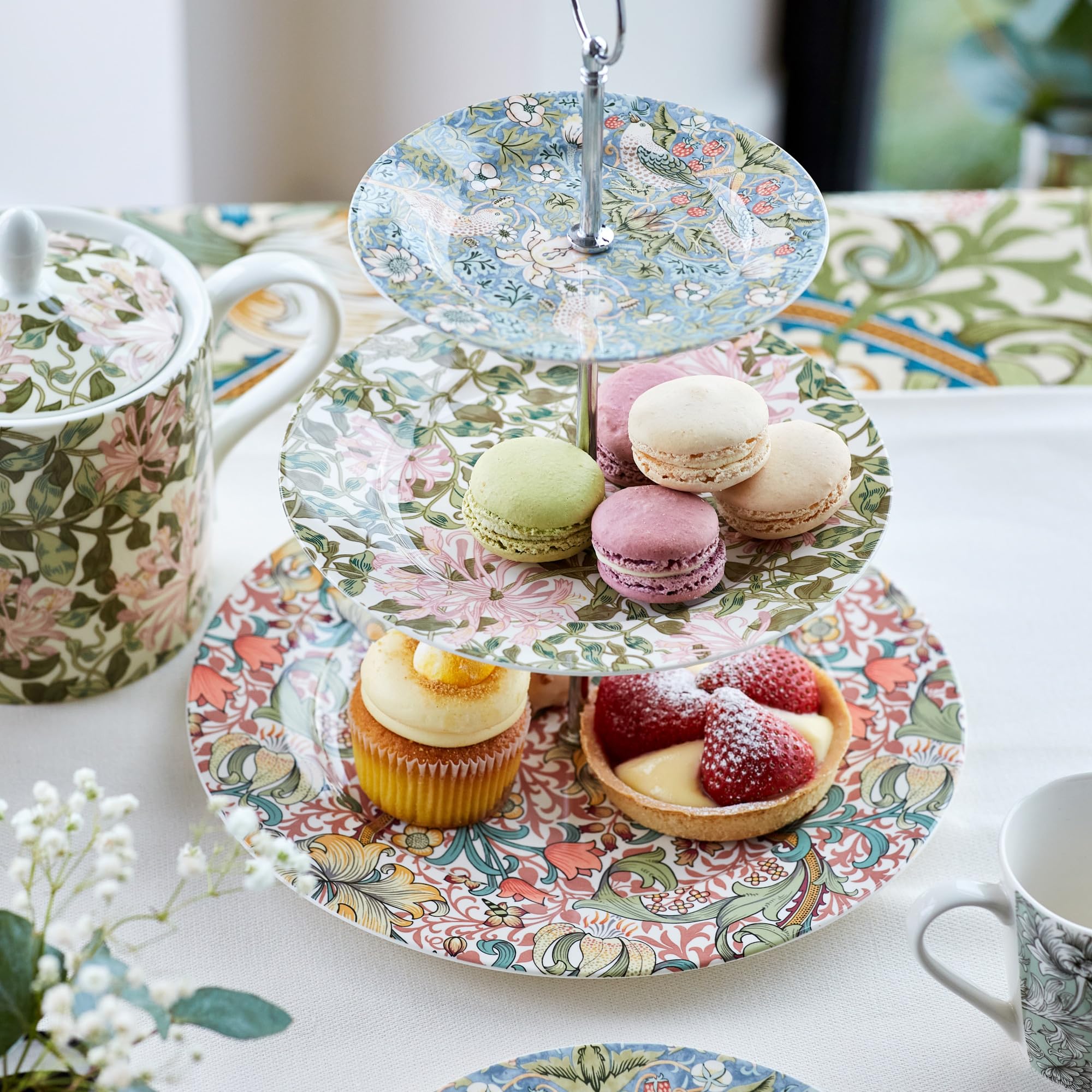 Spode Morris & Co 3-Tier Cake Stand with Metal Handle, Strawberry Thief & Honeysuckle Design | Porcelain | Centerpiece - Afternoon Tea Dessert Stand | Serving Cookies, Scones, Sandwiches, and More - Image 4