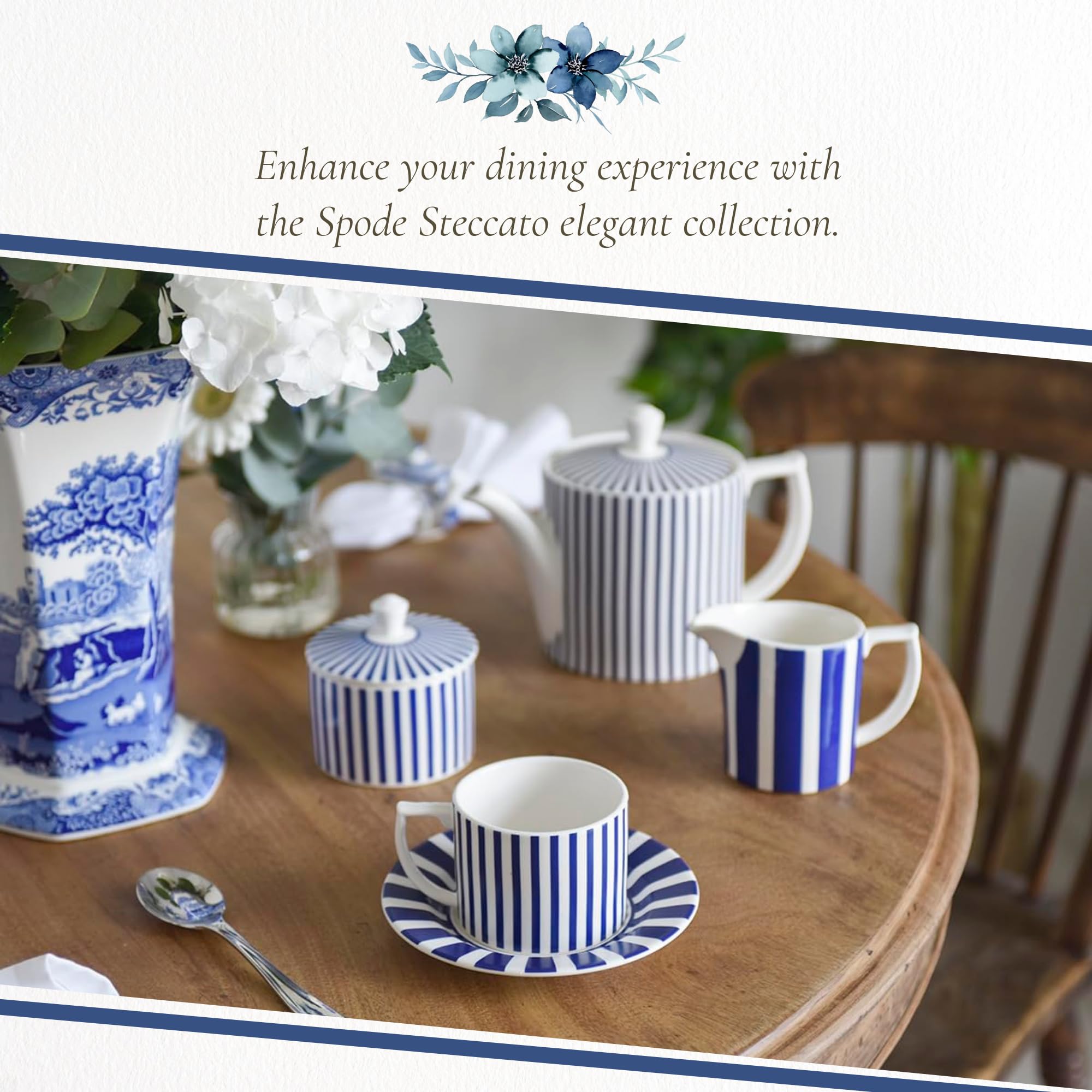 Spode Steccato 9oz Earthenware Teacup & Saucer, Set of 4 - Ornamental Glazed Drinkware with Cobalt Blue Bands & Decorative Design - Elegant Tea Service/Brunch Table Display, Great Housewarming Gift - Image 5