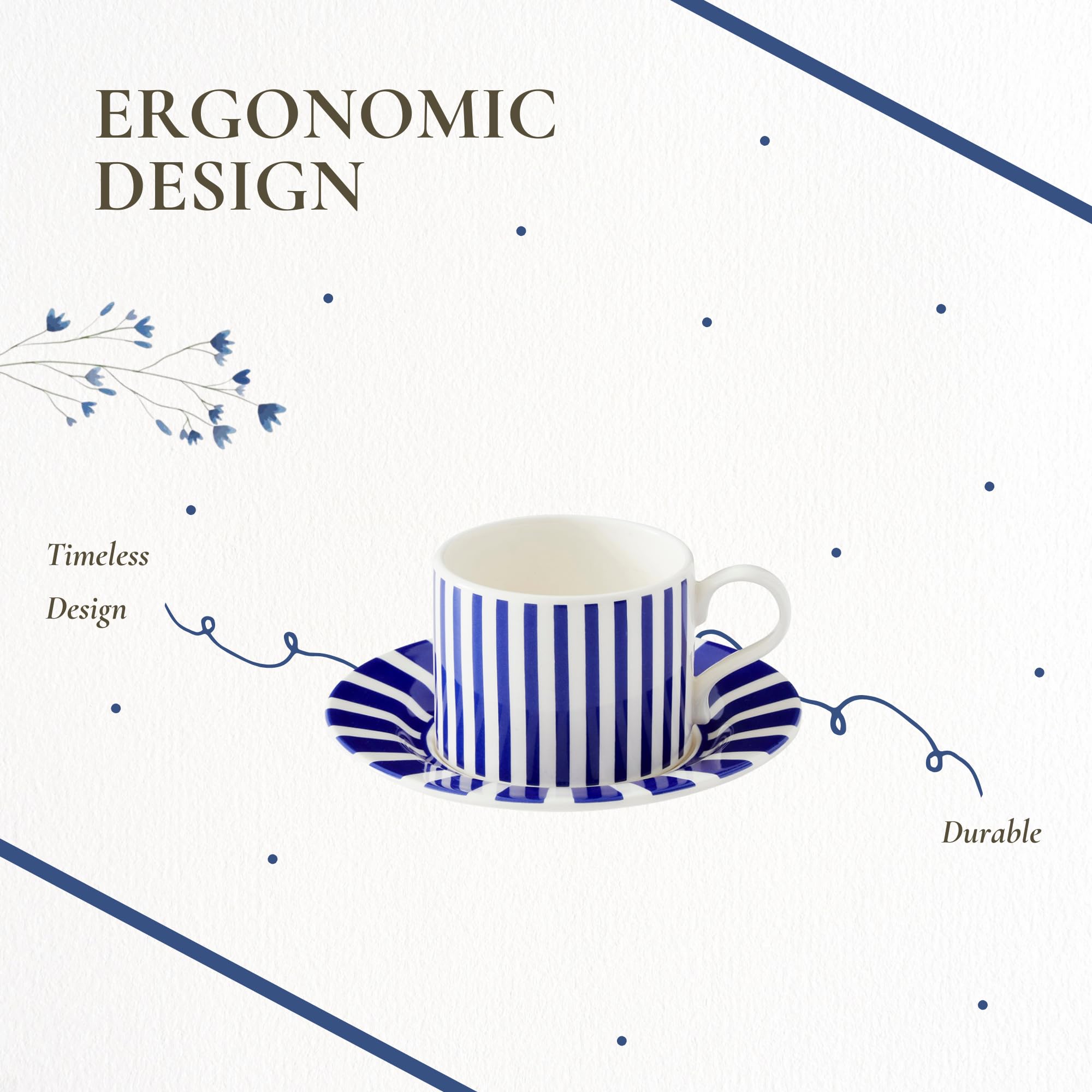 Spode Steccato 9oz Earthenware Teacup & Saucer, Set of 4 - Ornamental Glazed Drinkware with Cobalt Blue Bands & Decorative Design - Elegant Tea Service/Brunch Table Display, Great Housewarming Gift - Image 6