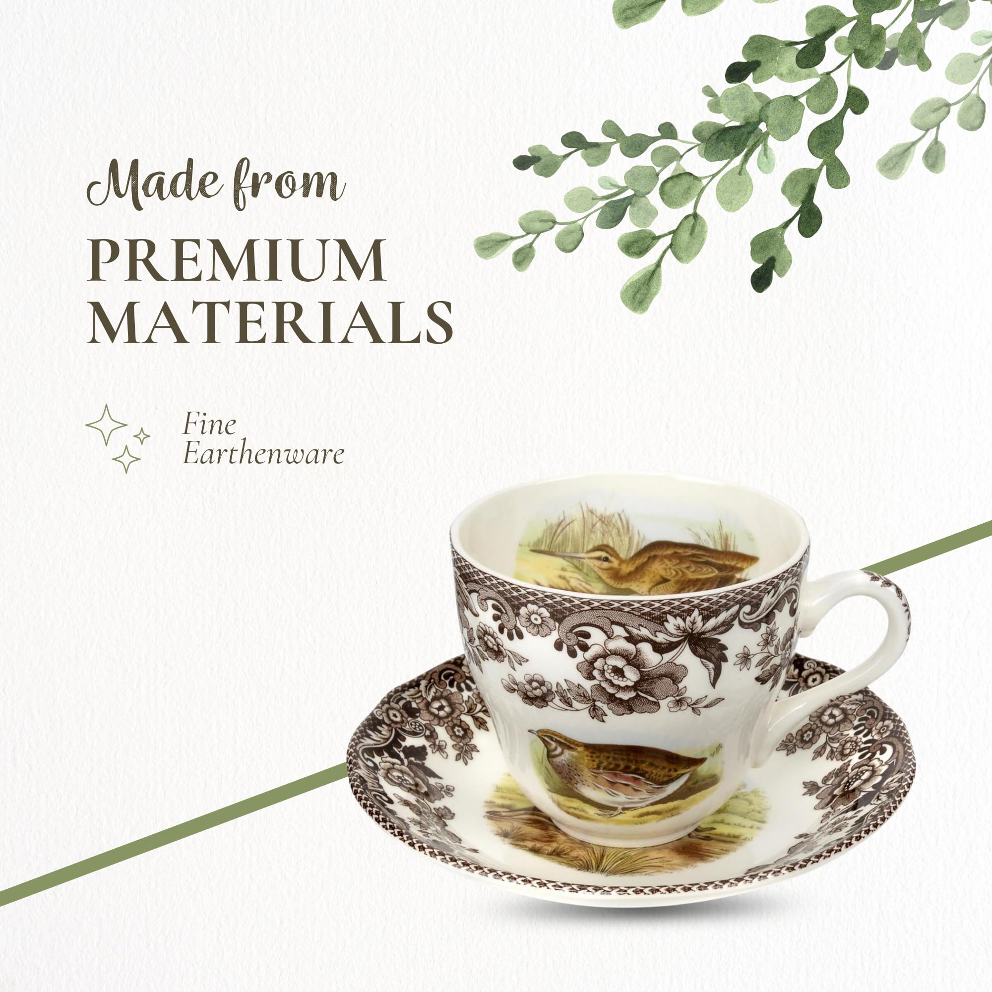 Spode Woodland 7 oz Teacup & Saucer Set - Fine Earthenware with Quail, Pheasant, Snipe, Rabbit Designs, English Tableware for Afternoon Tea, Display, Collectors, Refined Home Entertaining - Image 4
