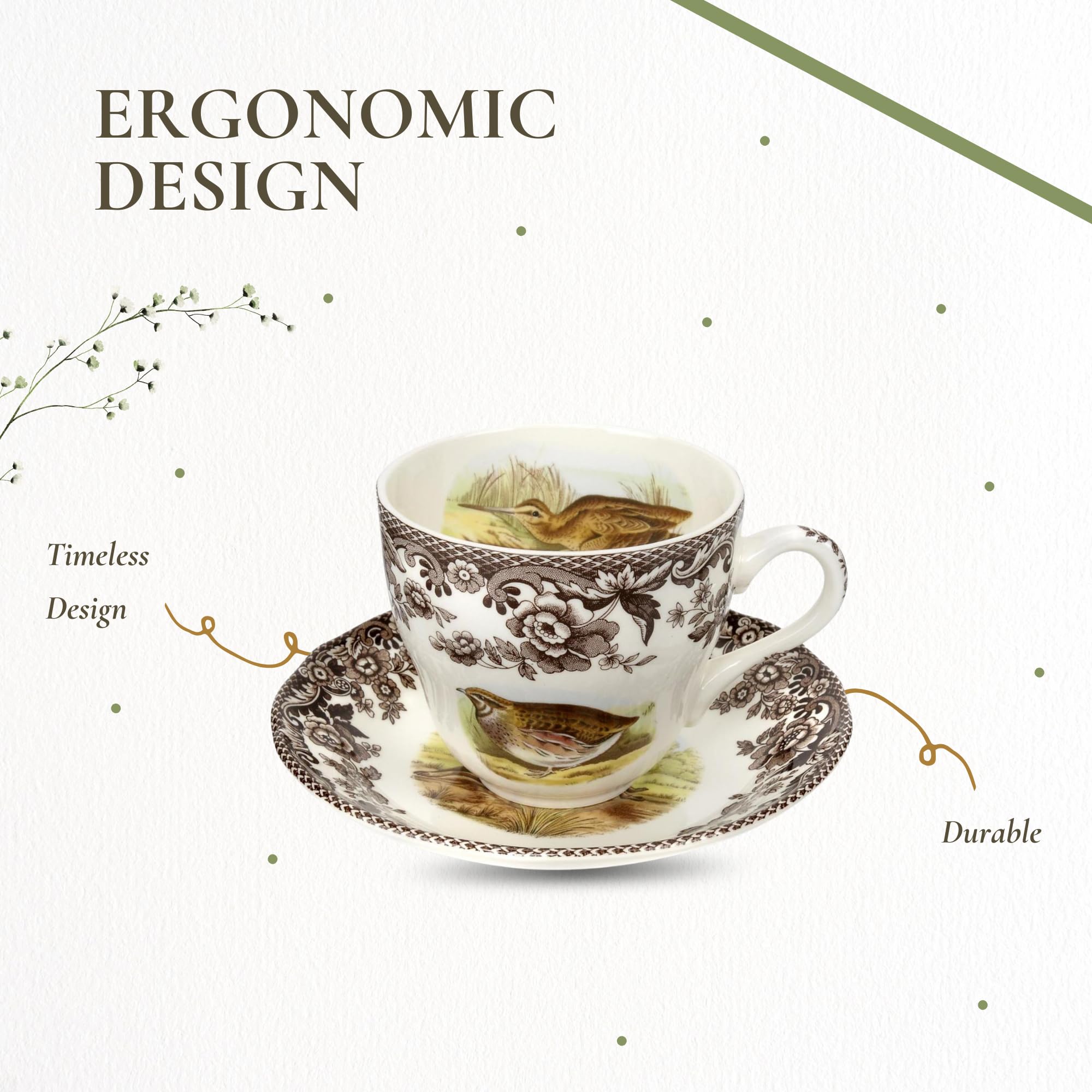 Spode Woodland 7 oz Teacup & Saucer Set - Fine Earthenware with Quail, Pheasant, Snipe, Rabbit Designs, English Tableware for Afternoon Tea, Display, Collectors, Refined Home Entertaining - Image 6