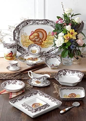 Spode Woodland Daisy Turkey Serving Bowl - 10" Large Porcelain Bowl, Thanksgiving Tableware, Microwave & Dishwasher Safe, British Game Animal Design with Stylized Floral Border, Regimental Oak Shape - Image 4