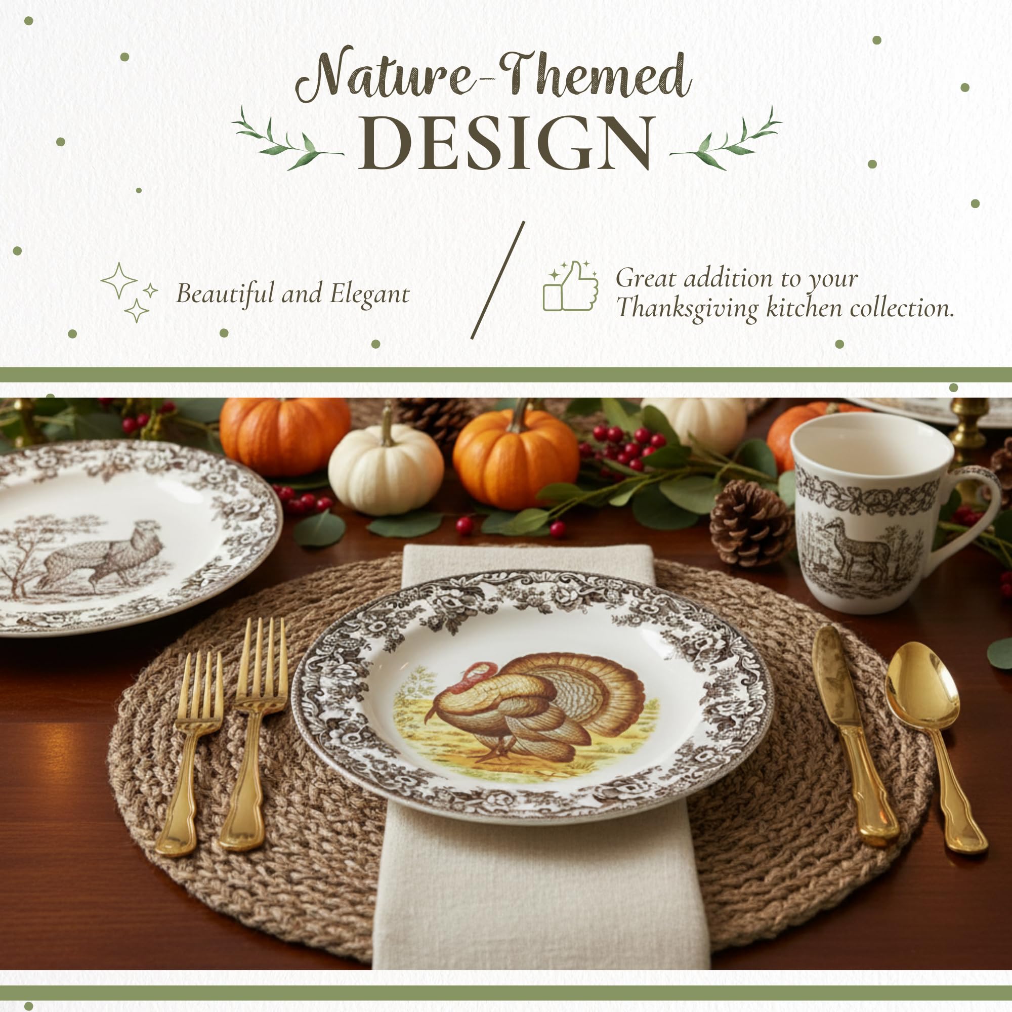 Spode Woodland Turkey Set of 4 Salad Plates, 8", Fine Earthenware, Made in England, Game Bird Design with British Flowers Border for Thanksgiving - Microwave, Dishwasher, Warm Oven Safe - Image 3