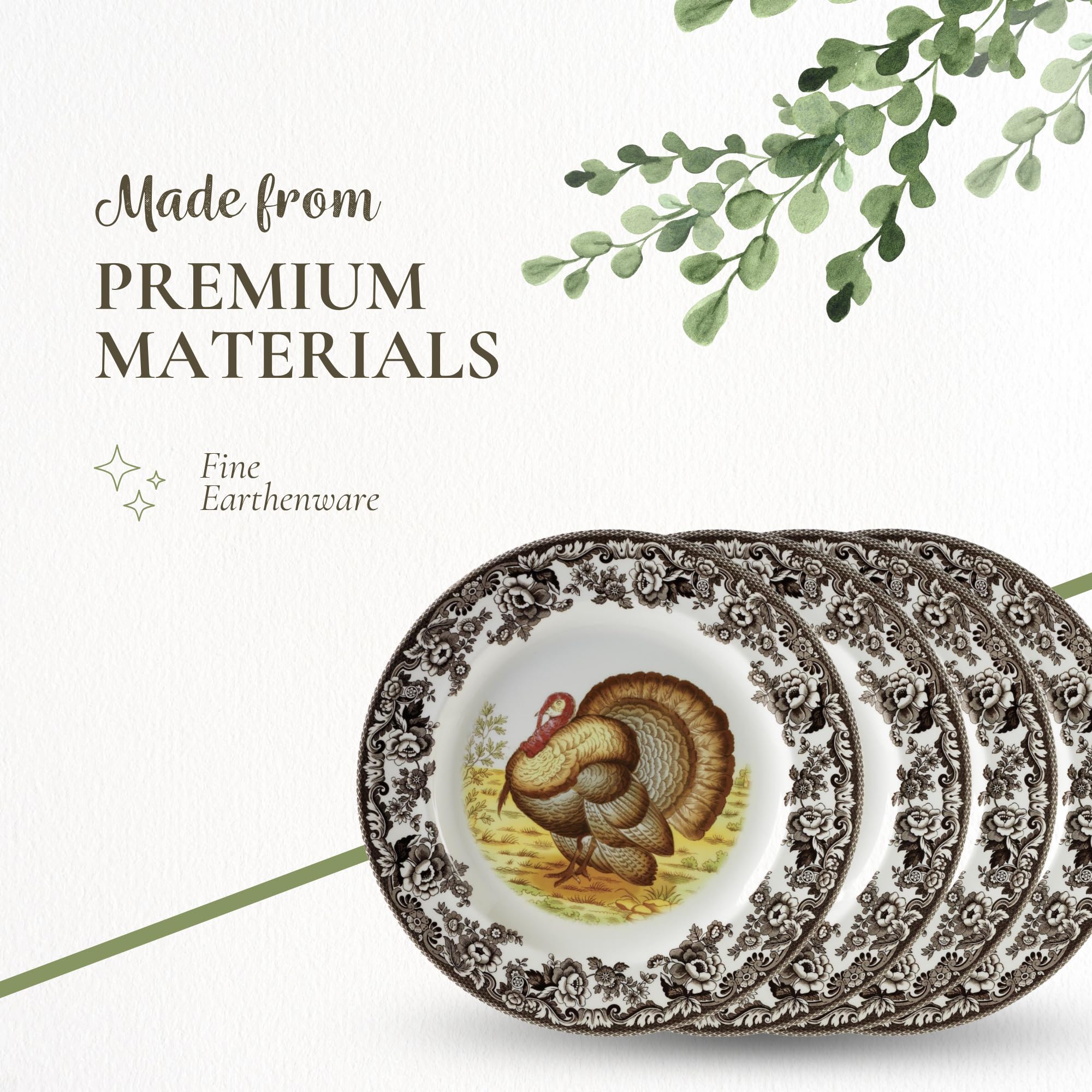 Spode Woodland Turkey Set of 4 Salad Plates, 8", Fine Earthenware, Made in England, Game Bird Design with British Flowers Border for Thanksgiving - Microwave, Dishwasher, Warm Oven Safe - Image 4