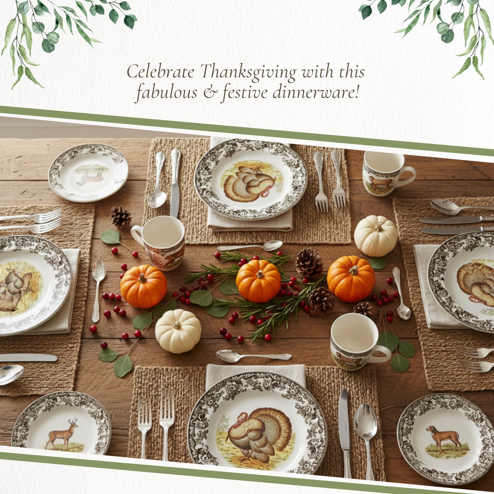 Spode Woodland Turkey Set of 4 Salad Plates, 8", Fine Earthenware, Made in England, Game Bird Design with British Flowers Border for Thanksgiving - Microwave, Dishwasher, Warm Oven Safe - Image 5