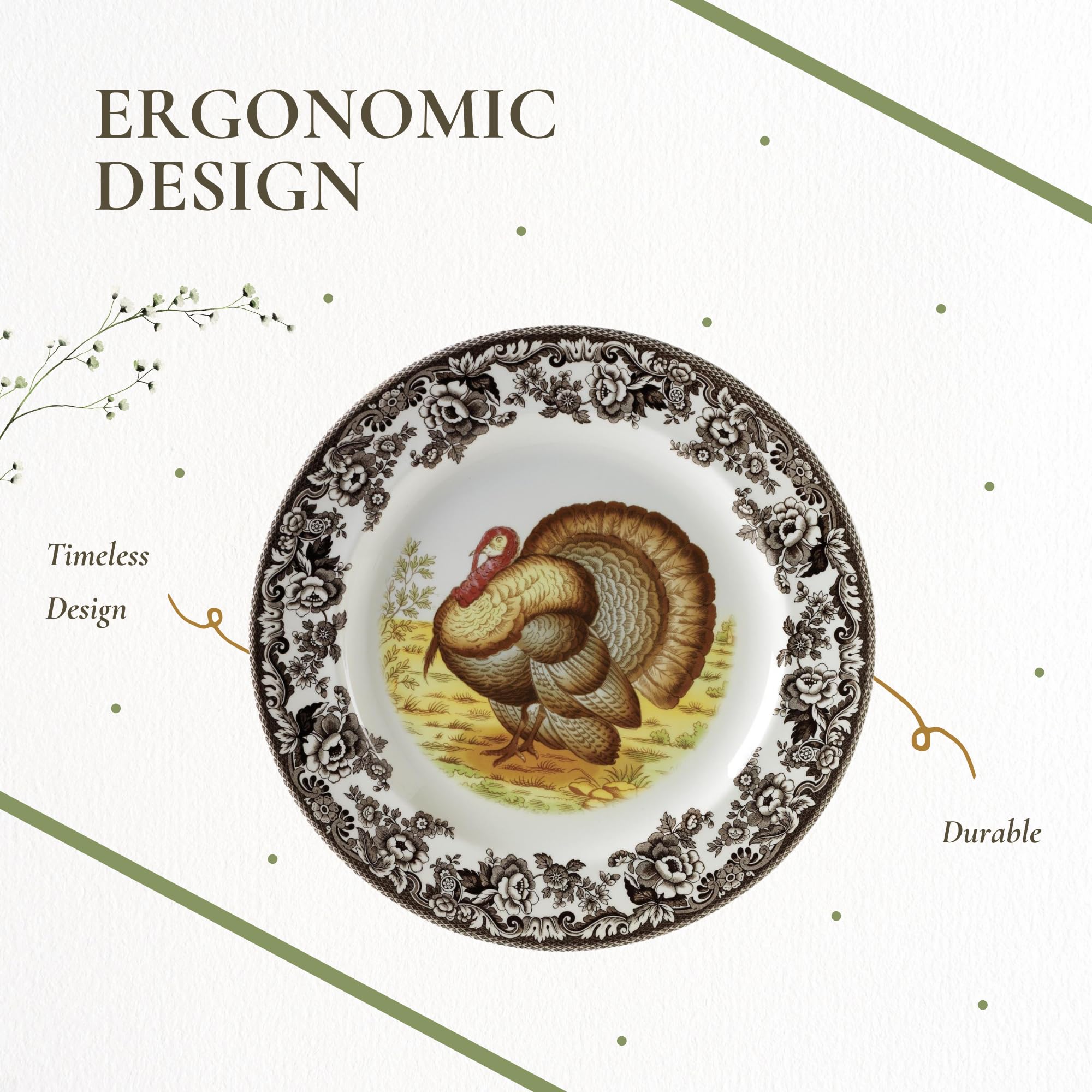 Spode Woodland Turkey Set of 4 Salad Plates, 8", Fine Earthenware, Made in England, Game Bird Design with British Flowers Border for Thanksgiving - Microwave, Dishwasher, Warm Oven Safe - Image 6