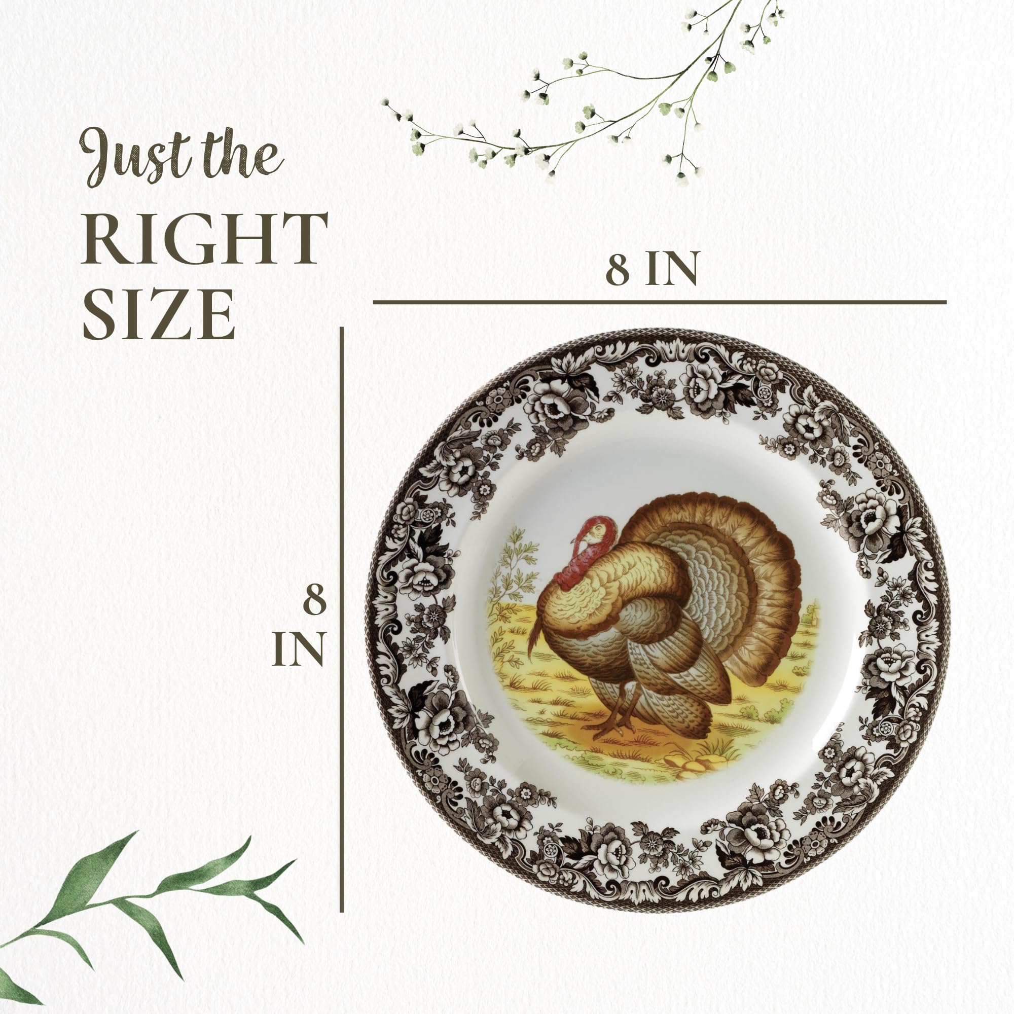 Spode Woodland Turkey Set of 4 Salad Plates, 8", Fine Earthenware, Made in England, Game Bird Design with British Flowers Border for Thanksgiving - Microwave, Dishwasher, Warm Oven Safe - Image 7